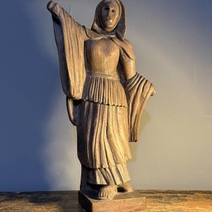 Statuetă veche din lemn masiv (posibil stejar), 42,5 cm, proveniență Belgia – sertar magic București.