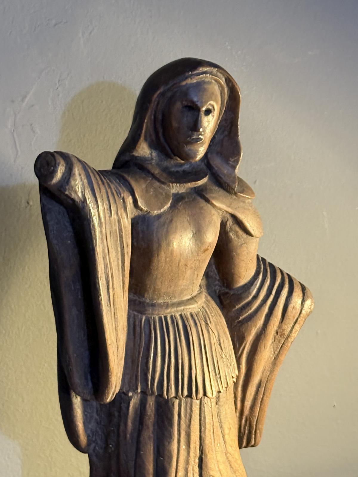 Statuetă veche din lemn masiv (posibil stejar), 42,5 cm, proveniență Belgia – sertar magic București.