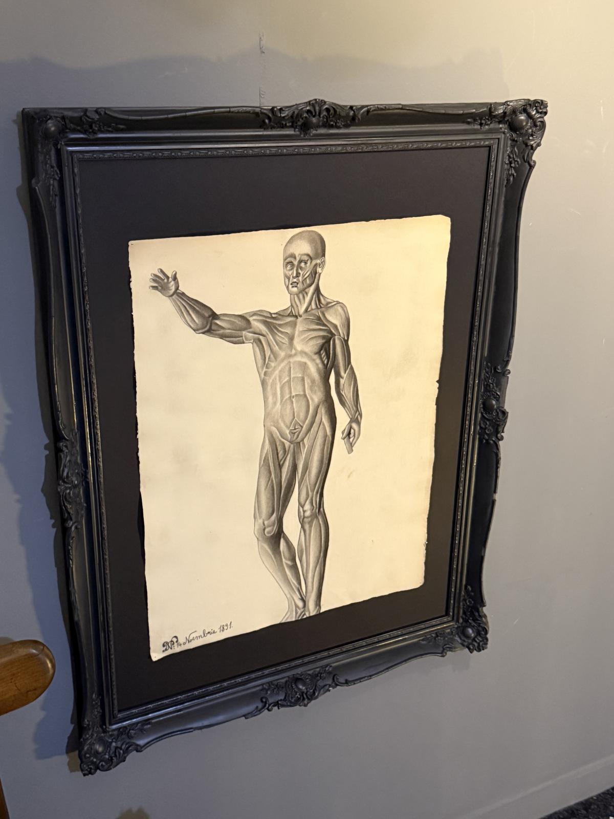 Desen anatomic în creion de Nicolae Protopopescu-Pake, datat 14 noiembrie 1891, montat în ramă veche negru mat – sertar magic București.