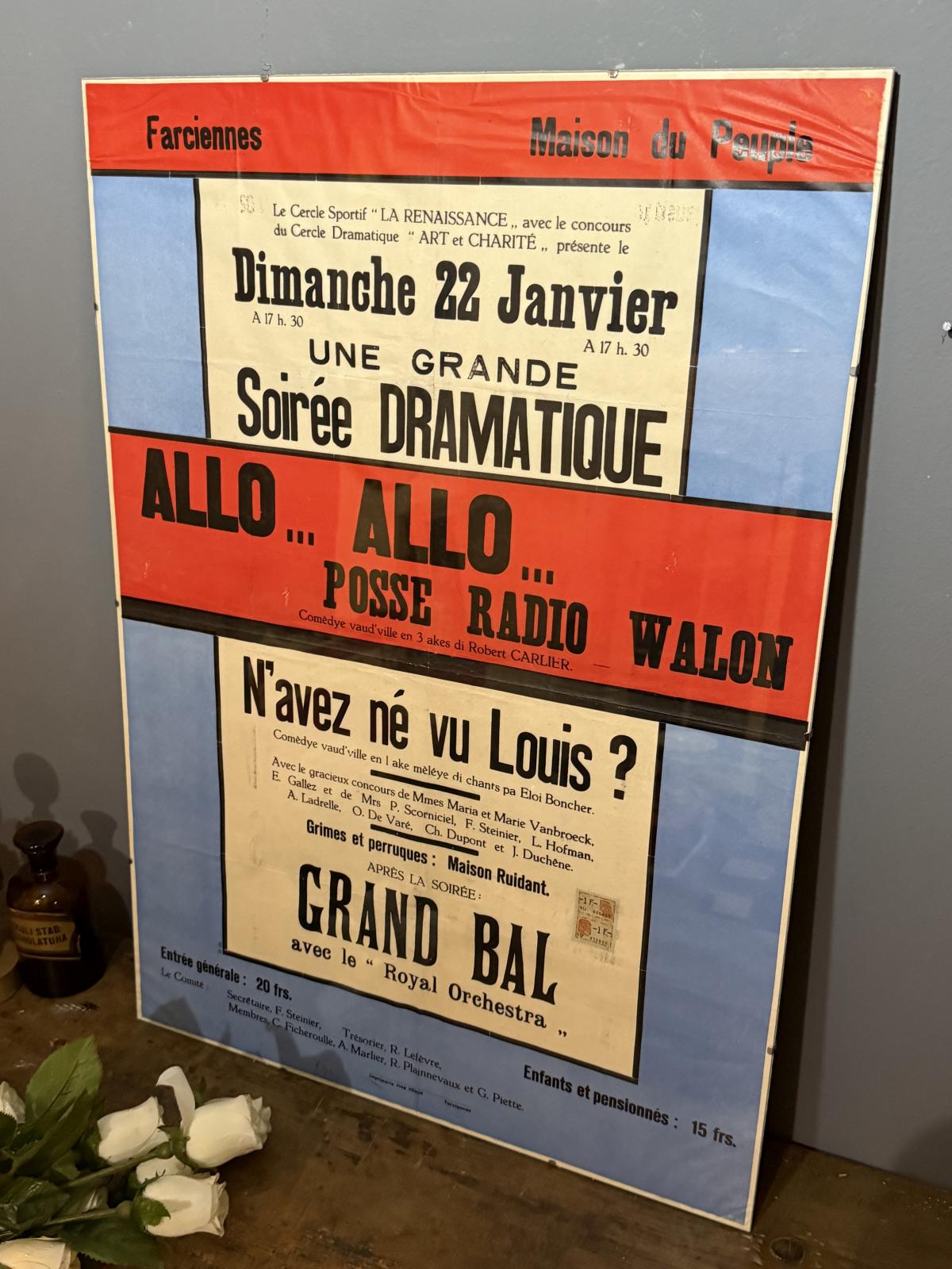 Afiș belgian din Farciennes, 22 ianuarie (an nereprezentat), 50 x 70 cm. sertar magic București antichitati vintage decor design