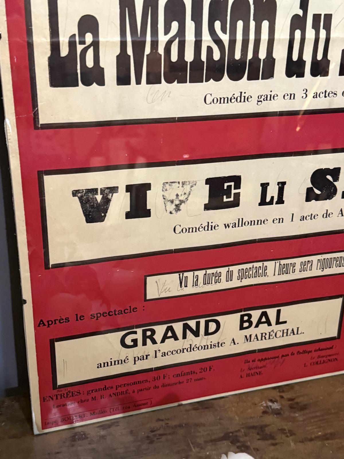 Afiș teatral belgian din 1960, 50 x 70 cm, tipărit original, urme fine de uzură. sertar magic București. antichitati vintage