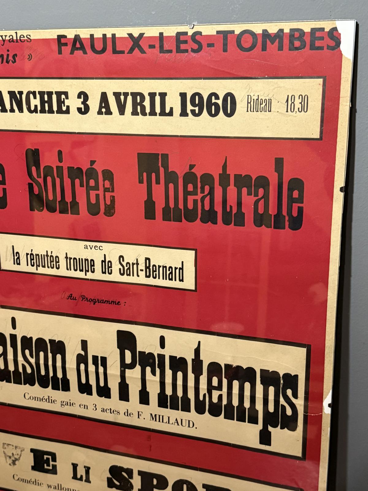 Afiș teatral belgian din 1960, 50 x 70 cm, tipărit original, urme fine de uzură. sertar magic București. antichitati vintage