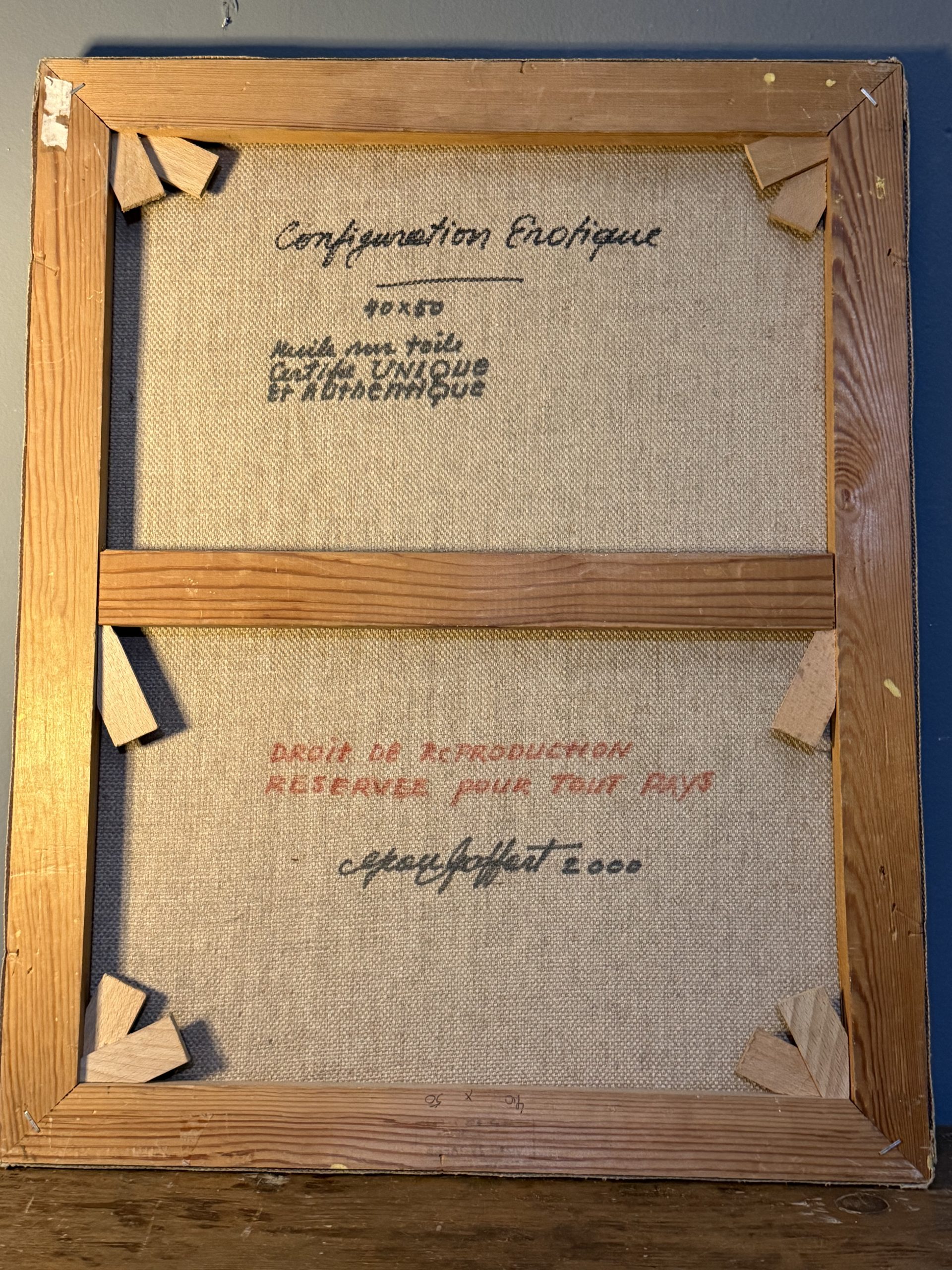 Pictură originală pe pânză de Jean Goffart, intitulată „Configuration erotică”, însoțită de scrisoare manuscrisă explicativă semnată de artist. sertar magic București