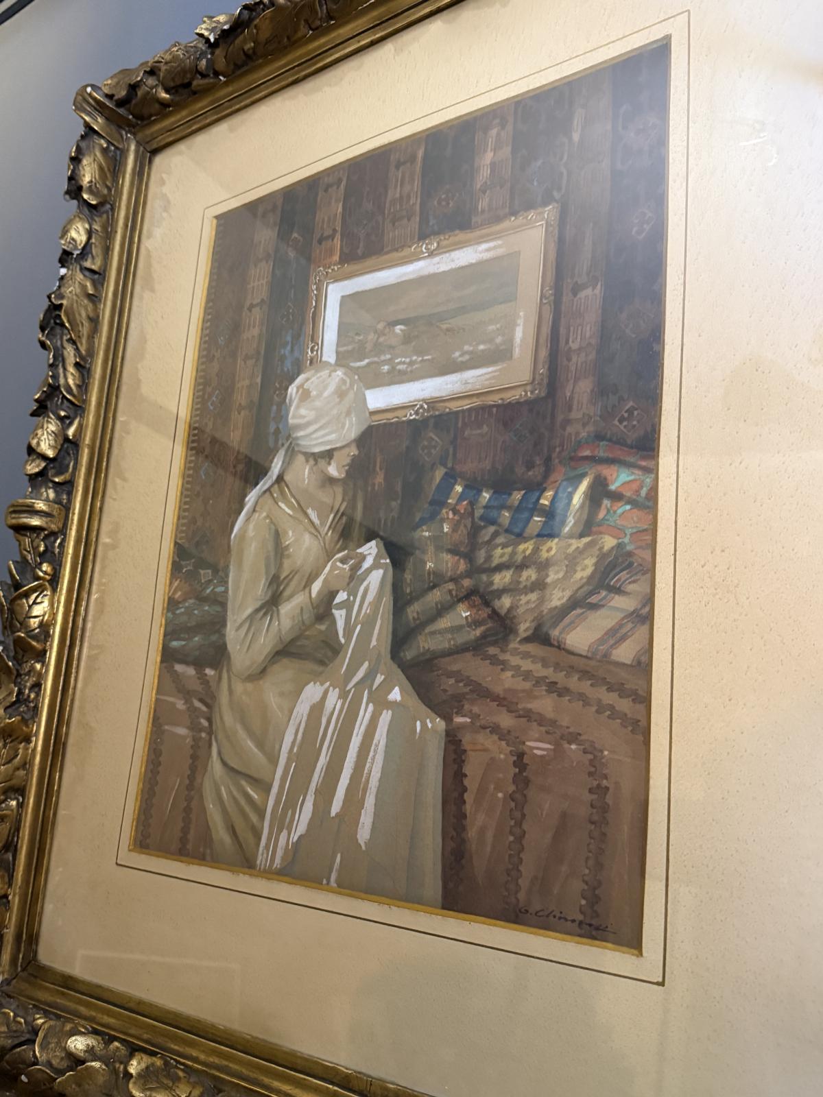 Lucrare figurativă semnată Gheorghe Chirovici, interior oriental, efect de tablou în tablou, prima jumătate a secolului XX. sertar magic București