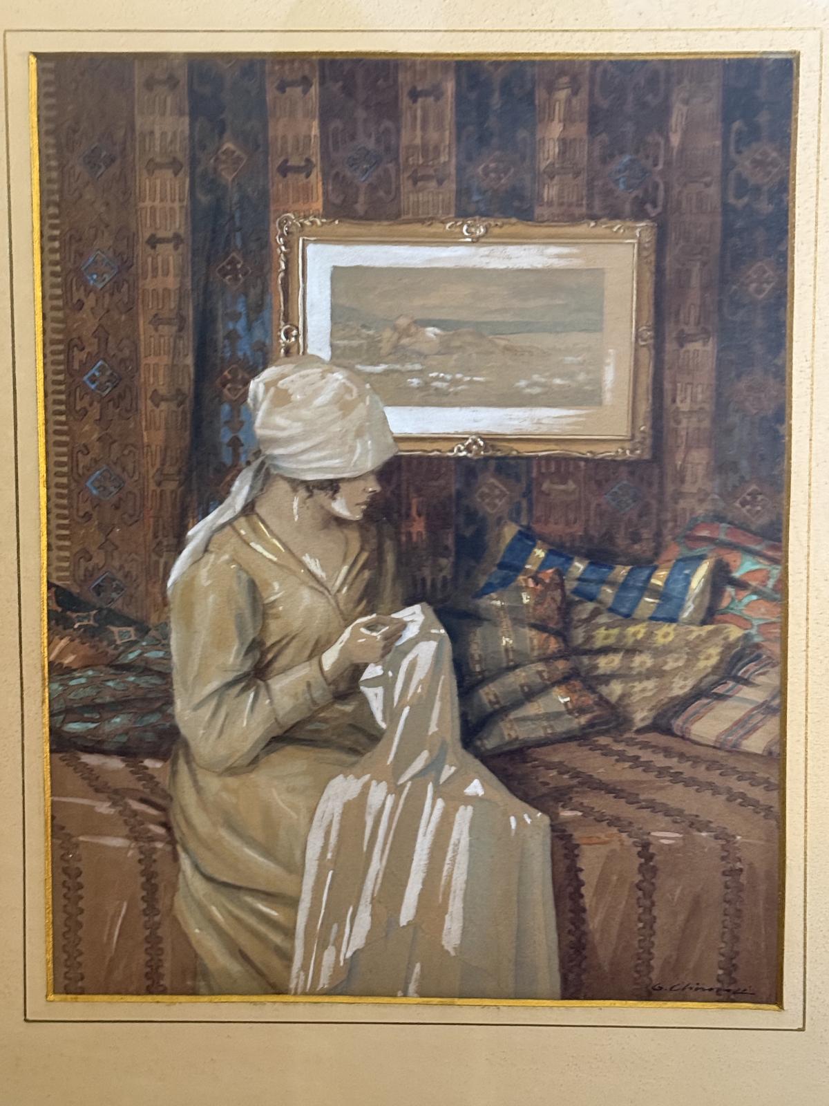 Lucrare figurativă semnată Gheorghe Chirovici, interior oriental, efect de tablou în tablou, prima jumătate a secolului XX. sertar magic București