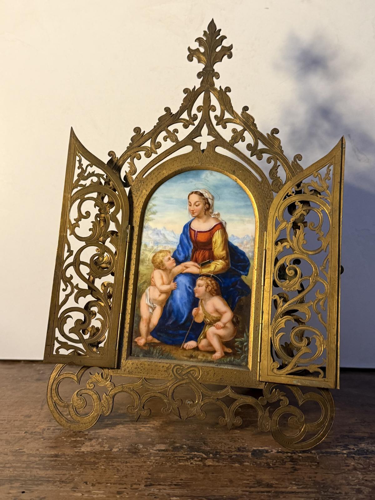 Triptic de devoțiune din alamă cu pictură pe porțelan — Sertar Magic