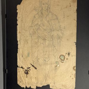 Desen pregătitor pentru icoană reprezentând Sfânta Parascheva, realizat în creion pe hârtie veche, probabil România, sec. XX. Sertar Magic București.