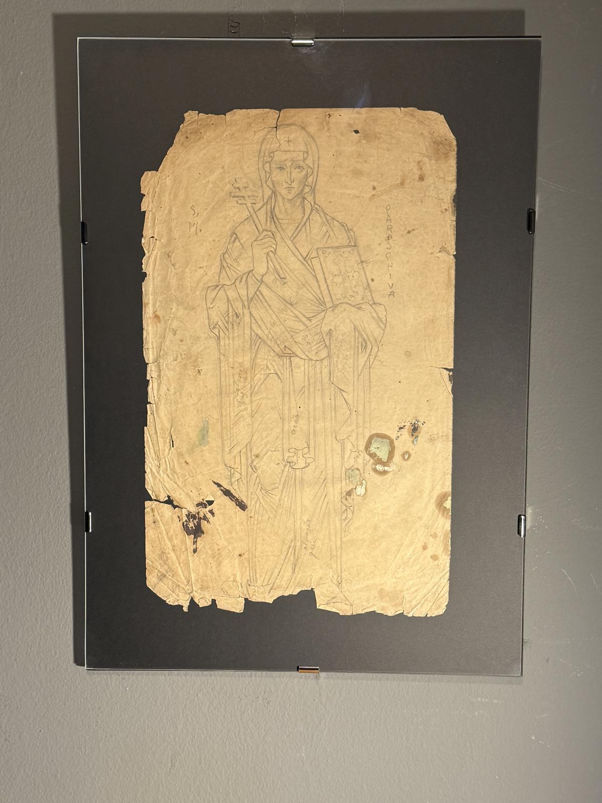 Desen pregătitor pentru icoană reprezentând Sfânta Parascheva, realizat în creion pe hârtie veche, probabil România, sec. XX. Sertar Magic București.