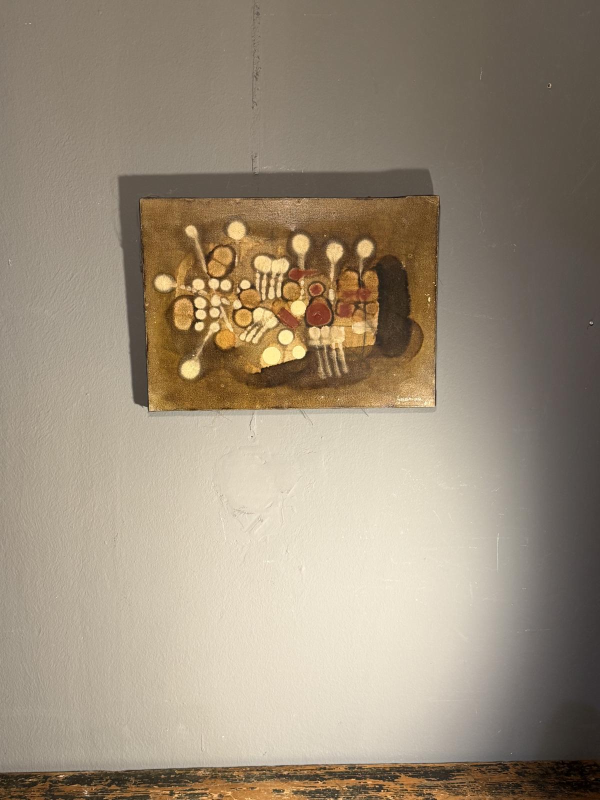 Pictură abstractă semnată Ugo Guarino, datată 1961 și intitulată „Giocattolo elettronico”. Lucrare modernistă inspirată de imaginarul tehnologic al anilor ’60. Sertar Magic București.