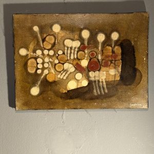 Pictură abstractă semnată Ugo Guarino, datată 1961 „Giocattolo elettronico”. Lucrare modernistă inspirată de imaginarul tehnologic. Sertar Magic București.