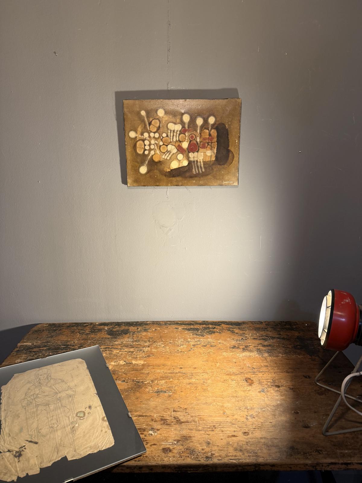 Pictură abstractă semnată Ugo Guarino, datată 1961 și intitulată „Giocattolo elettronico”. Lucrare modernistă inspirată de imaginarul tehnologic al anilor ’60. Sertar Magic București.