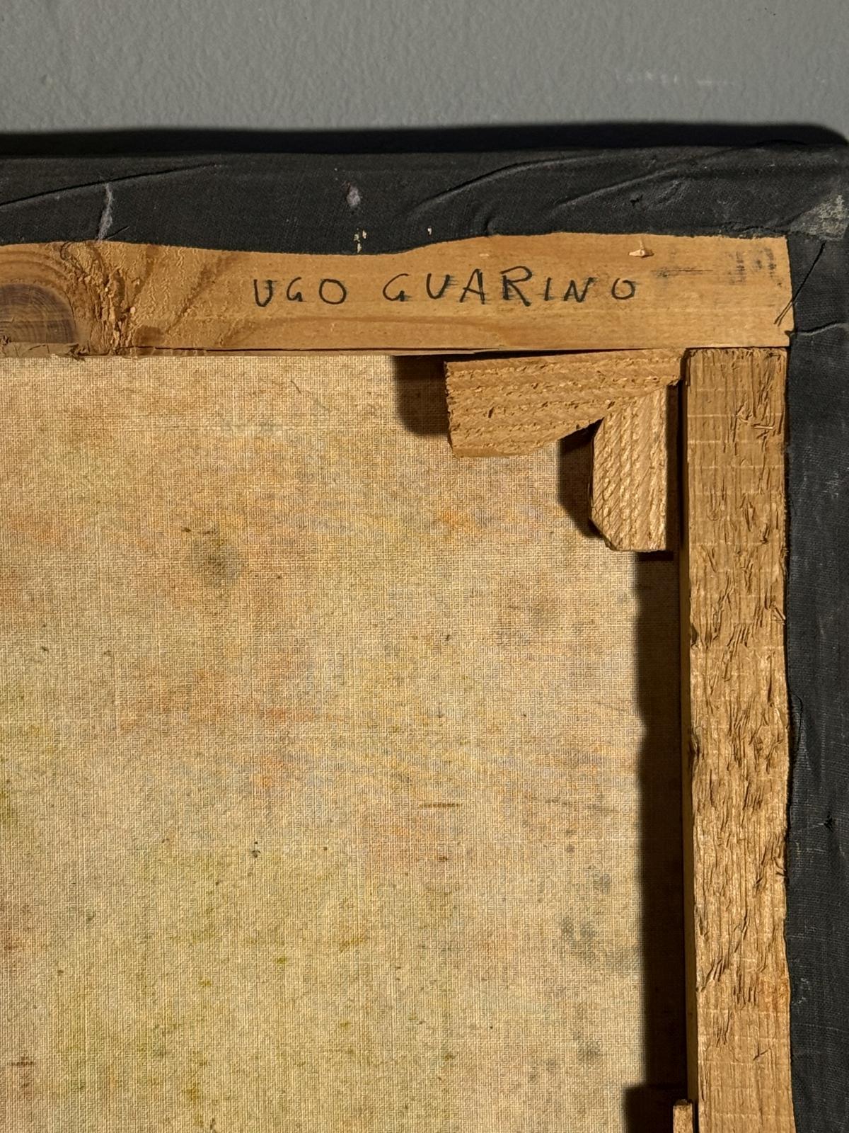 Pictură abstractă semnată Ugo Guarino, datată 1961 și intitulată „Giocattolo elettronico”. Lucrare modernistă inspirată de imaginarul tehnologic al anilor ’60. Sertar Magic București.