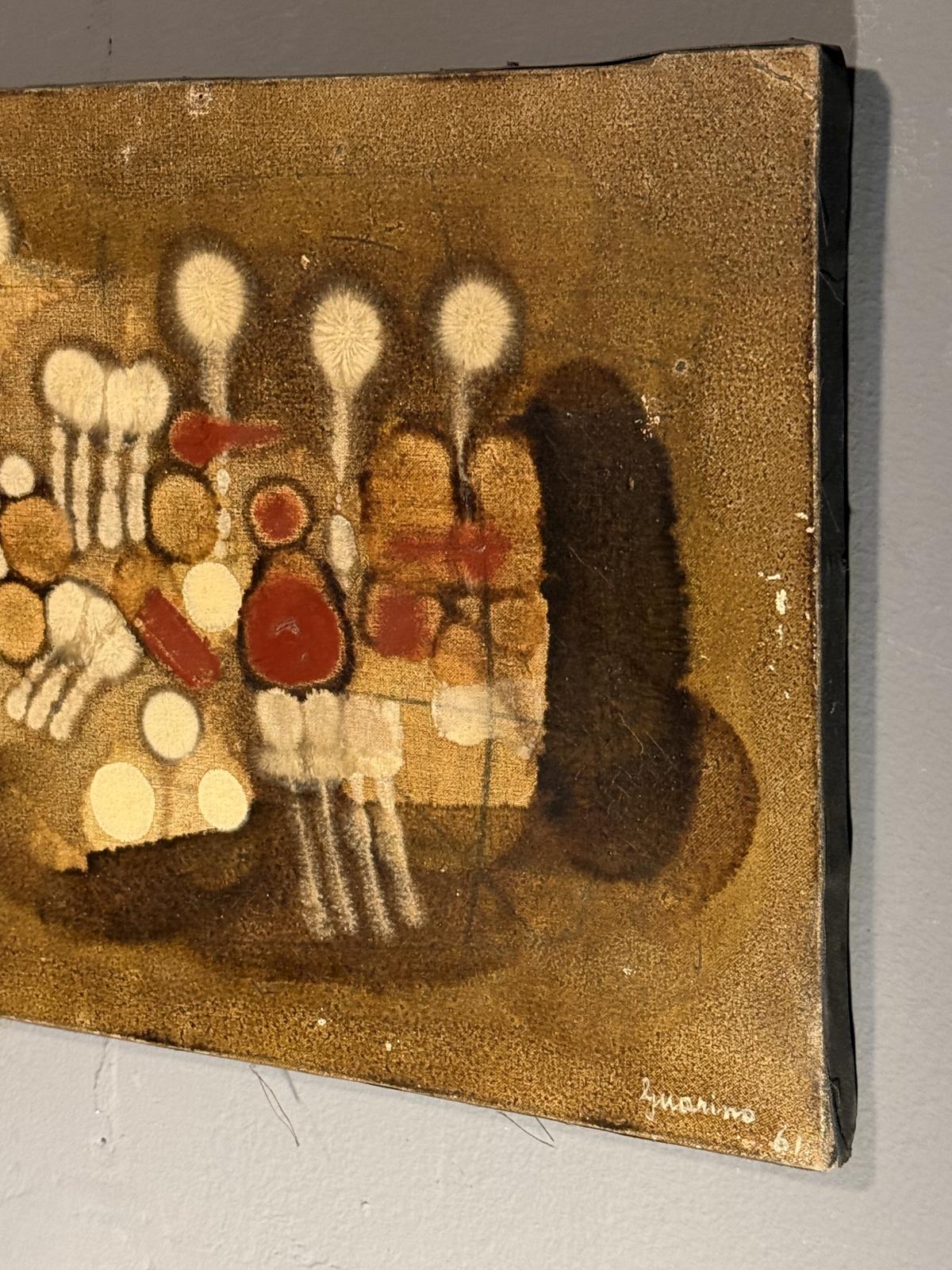 Pictură abstractă semnată Ugo Guarino, datată 1961 și intitulată „Giocattolo elettronico”. Lucrare modernistă inspirată de imaginarul tehnologic al anilor ’60. Sertar Magic București.