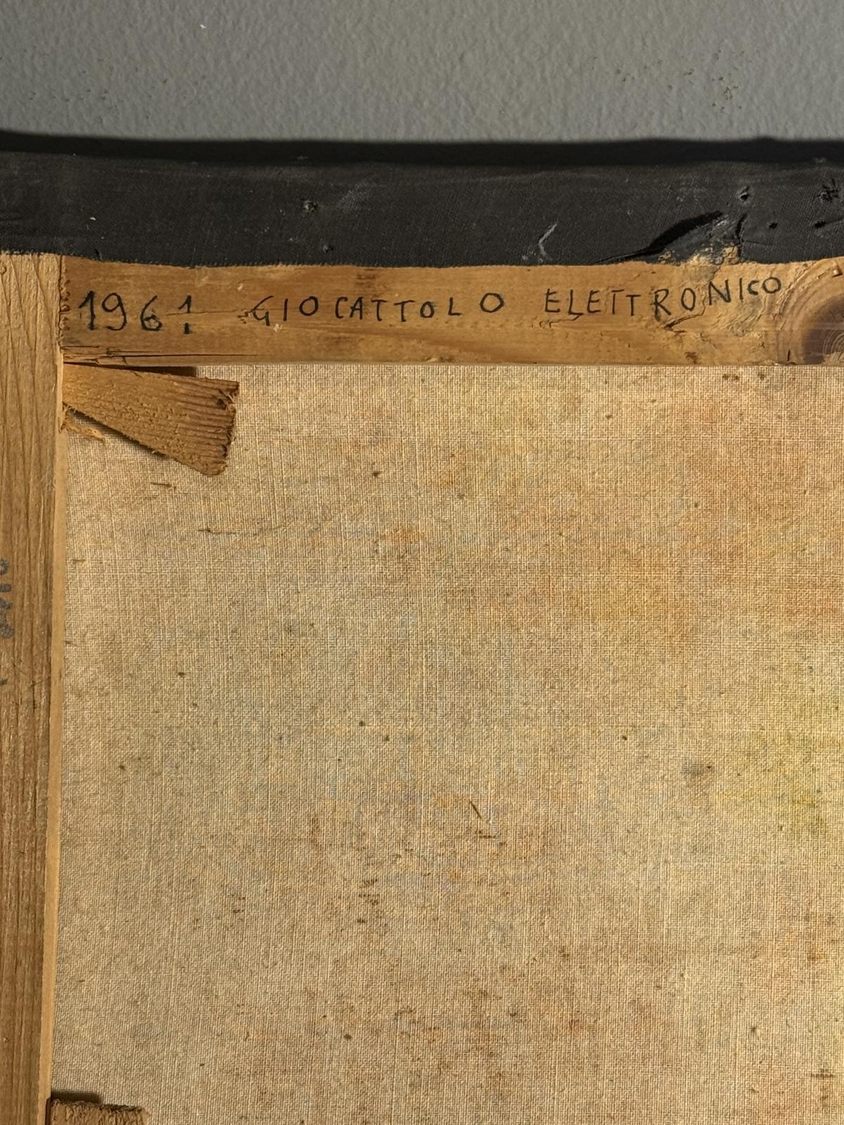 Pictură abstractă semnată Ugo Guarino, datată 1961 și intitulată „Giocattolo elettronico”. Lucrare modernistă inspirată de imaginarul tehnologic al anilor ’60. Sertar Magic București.