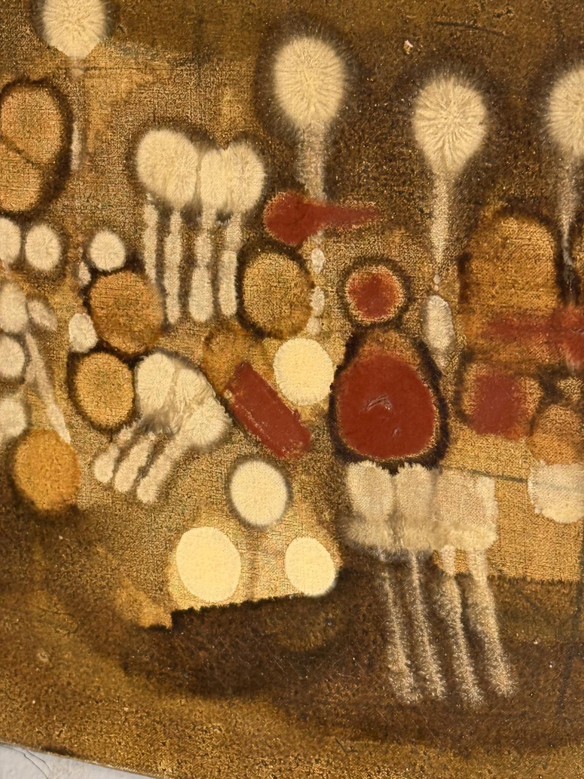 Pictură abstractă semnată Ugo Guarino, datată 1961 și intitulată „Giocattolo elettronico”. Lucrare modernistă inspirată de imaginarul tehnologic al anilor ’60. Sertar Magic București.