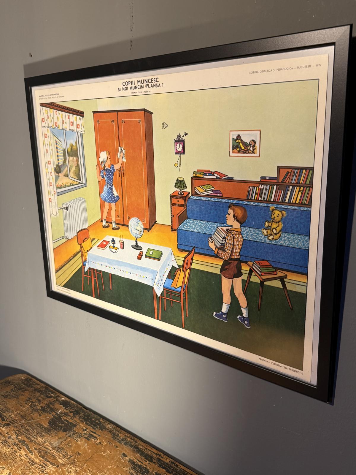 Planșă didactică originală din perioada comunistă (1979), Editura Didactică și Pedagogică București. Ilustrație vintage 73 × 53 cm. sertar magic București.