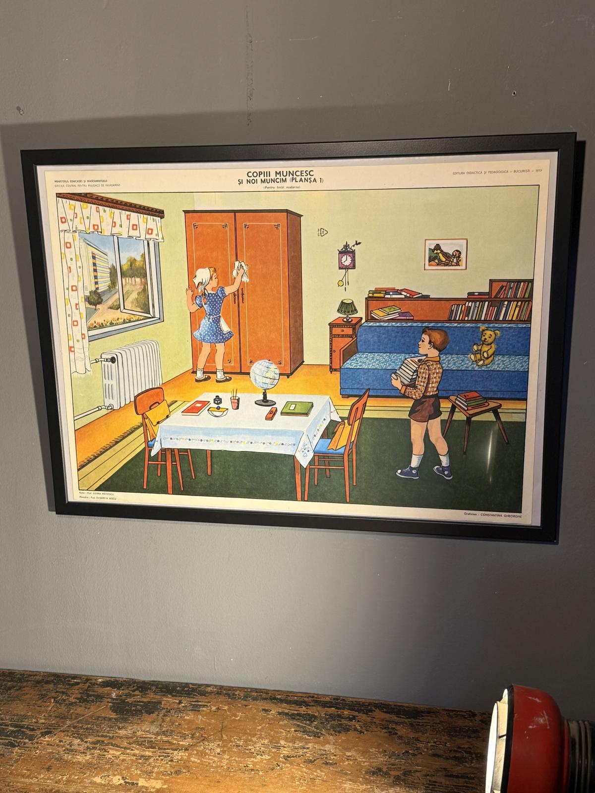 Planșă didactică originală din perioada comunistă (1979), Editura Didactică și Pedagogică București. Ilustrație vintage 73 × 53 cm. sertar magic București.