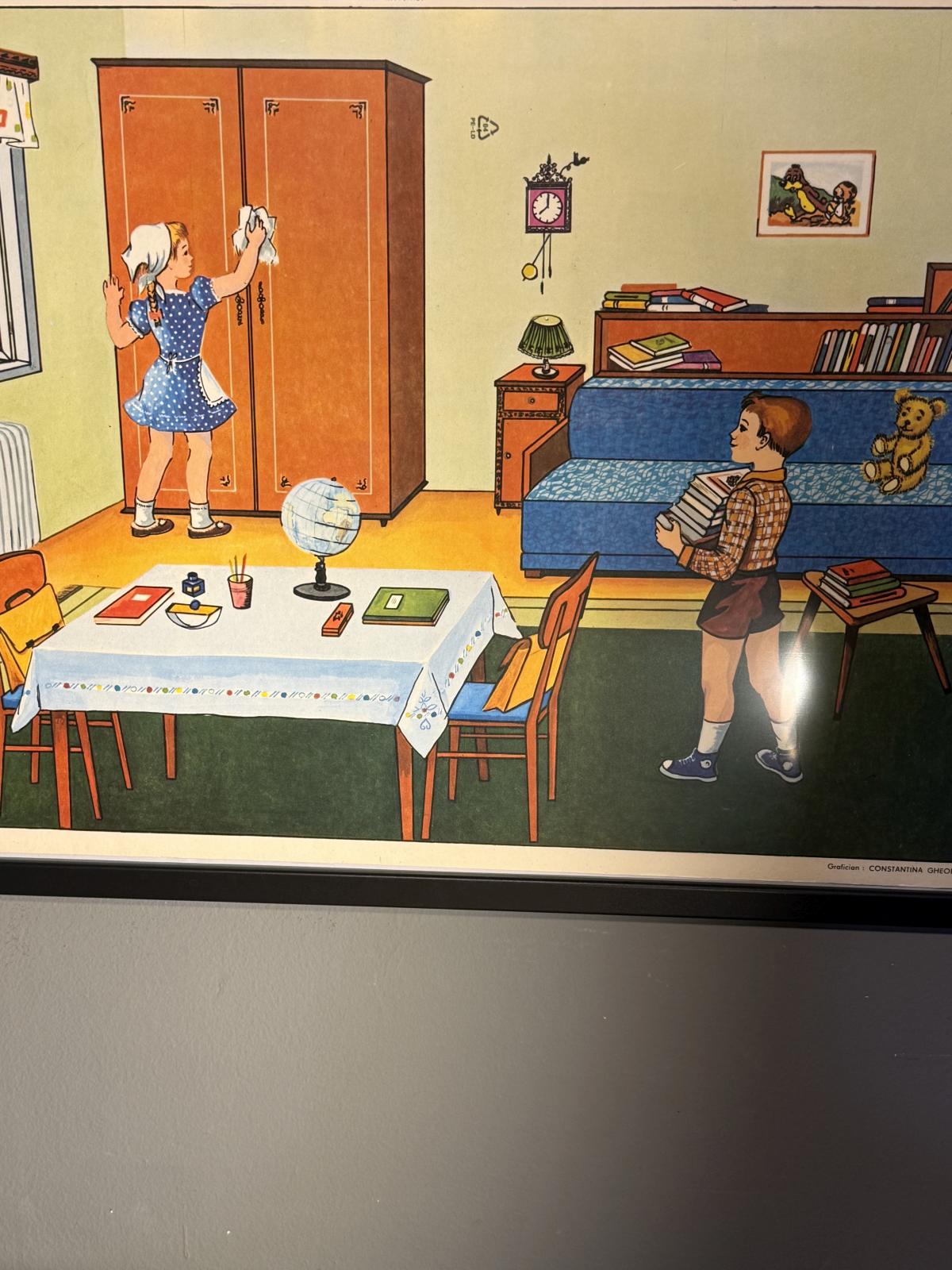 Planșă didactică originală din perioada comunistă (1979), Editura Didactică și Pedagogică București. Ilustrație vintage 73 × 53 cm. sertar magic București.