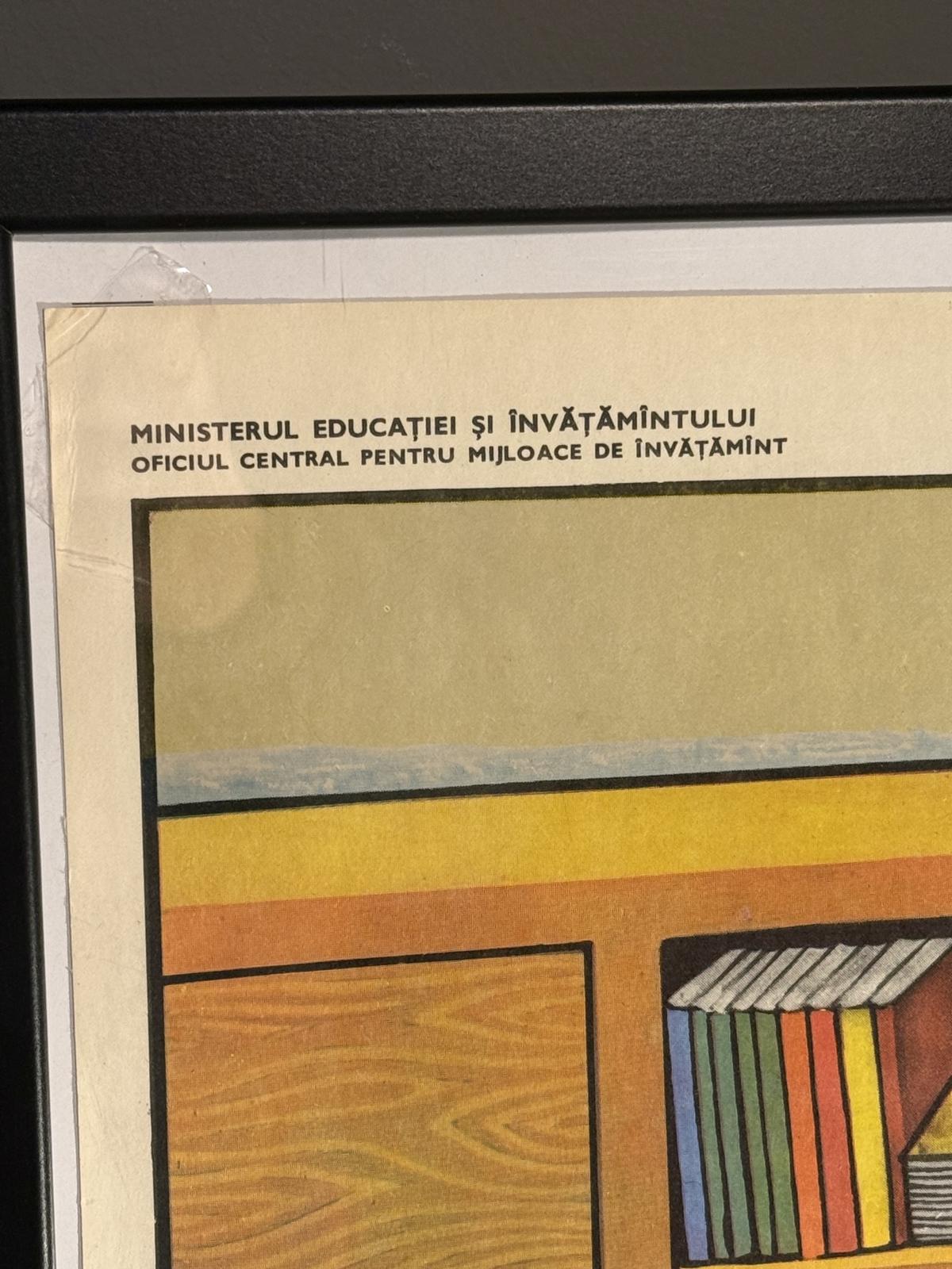 Planșă didactică originală din perioada comunistă (1979) – Programul zilnic al elevului. Ilustrație vintage tipărită. sertar magic București.
