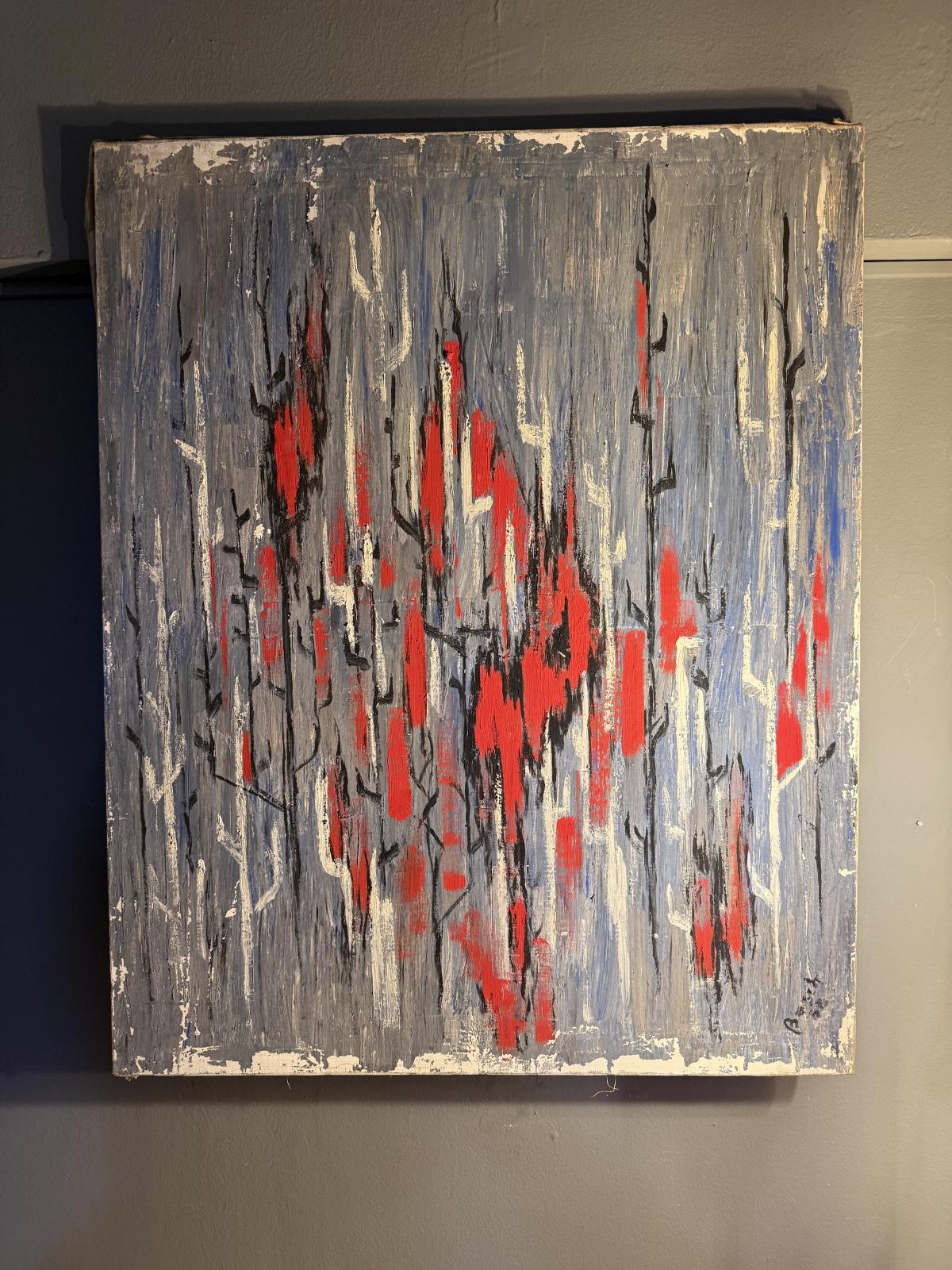 Tablou abstract semnat Bosch, datat 1958, 65 x 82 cm, tehnică mixtă pe pânză, cu patină originală. sertar magic București