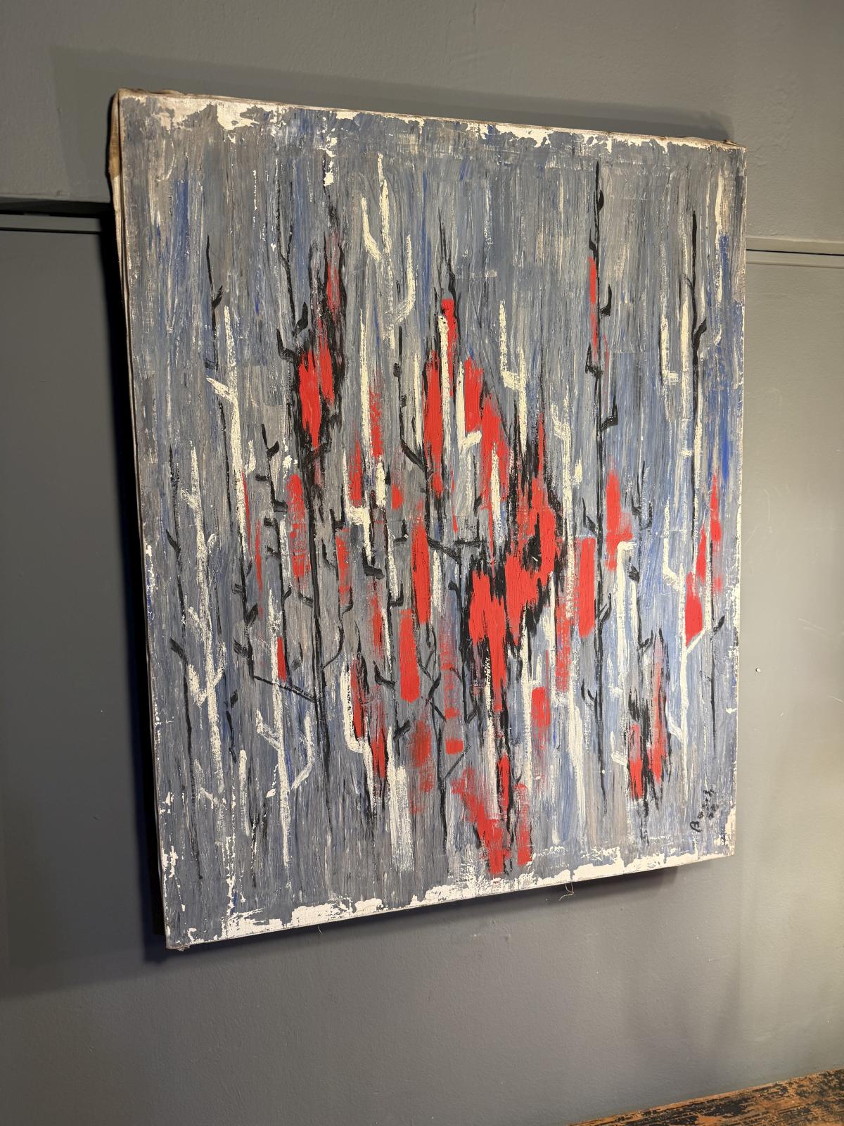 Tablou abstract semnat Bosch, datat 1958, 65 x 82 cm, tehnică mixtă pe pânză, cu patină originală. sertar magic București