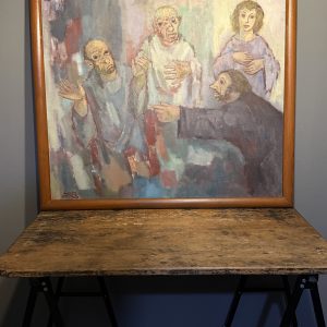 Tablou expresionist cu personaje, ulei pe pânză, semnat DEM, format mare 97 x 88 cm, proveniență Belgia, sertar magic București.