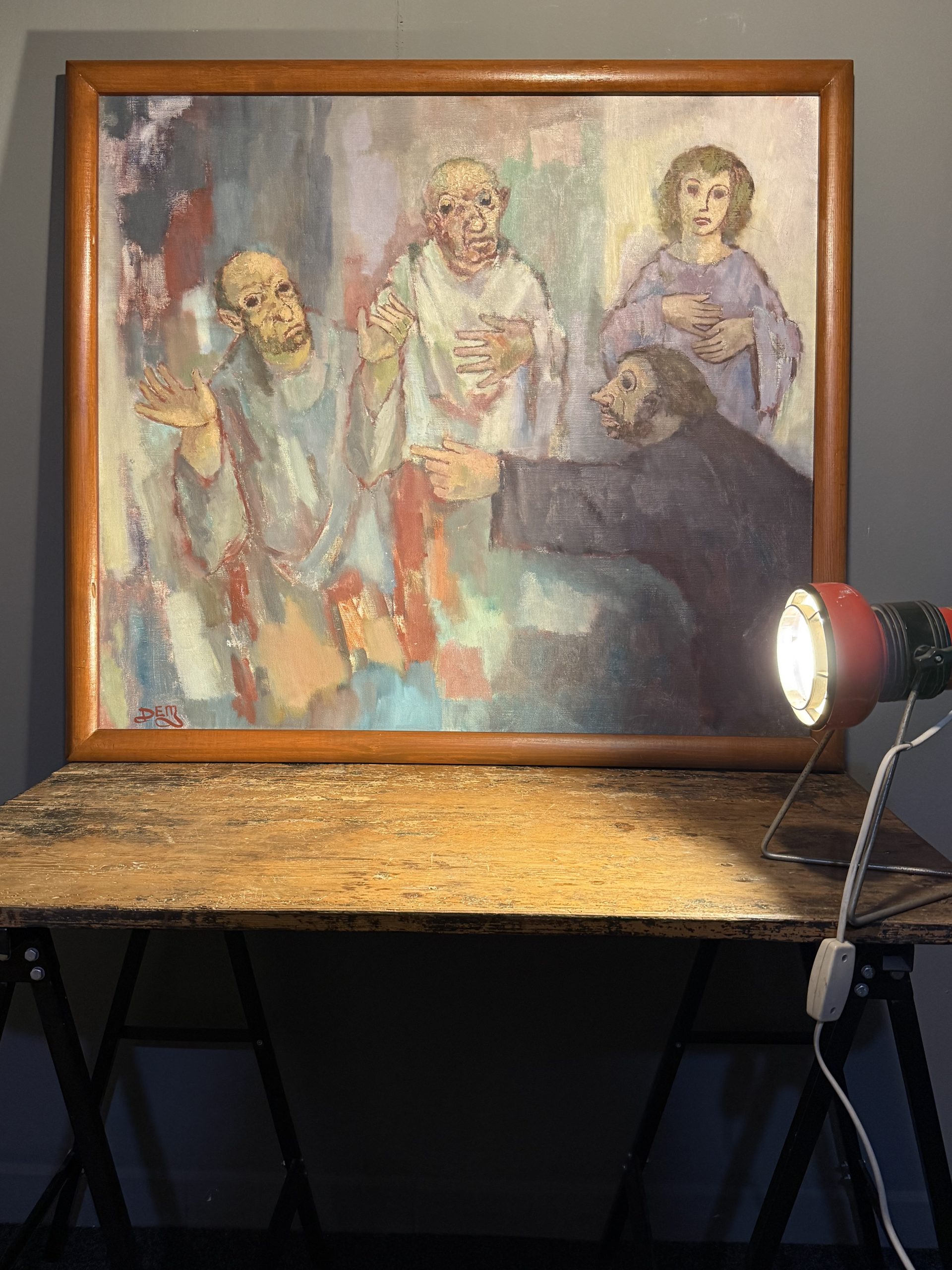 Tablou expresionist cu personaje, ulei pe pânză, semnat DEM, format mare 97 x 88 cm, proveniență Belgia, sertar magic București.