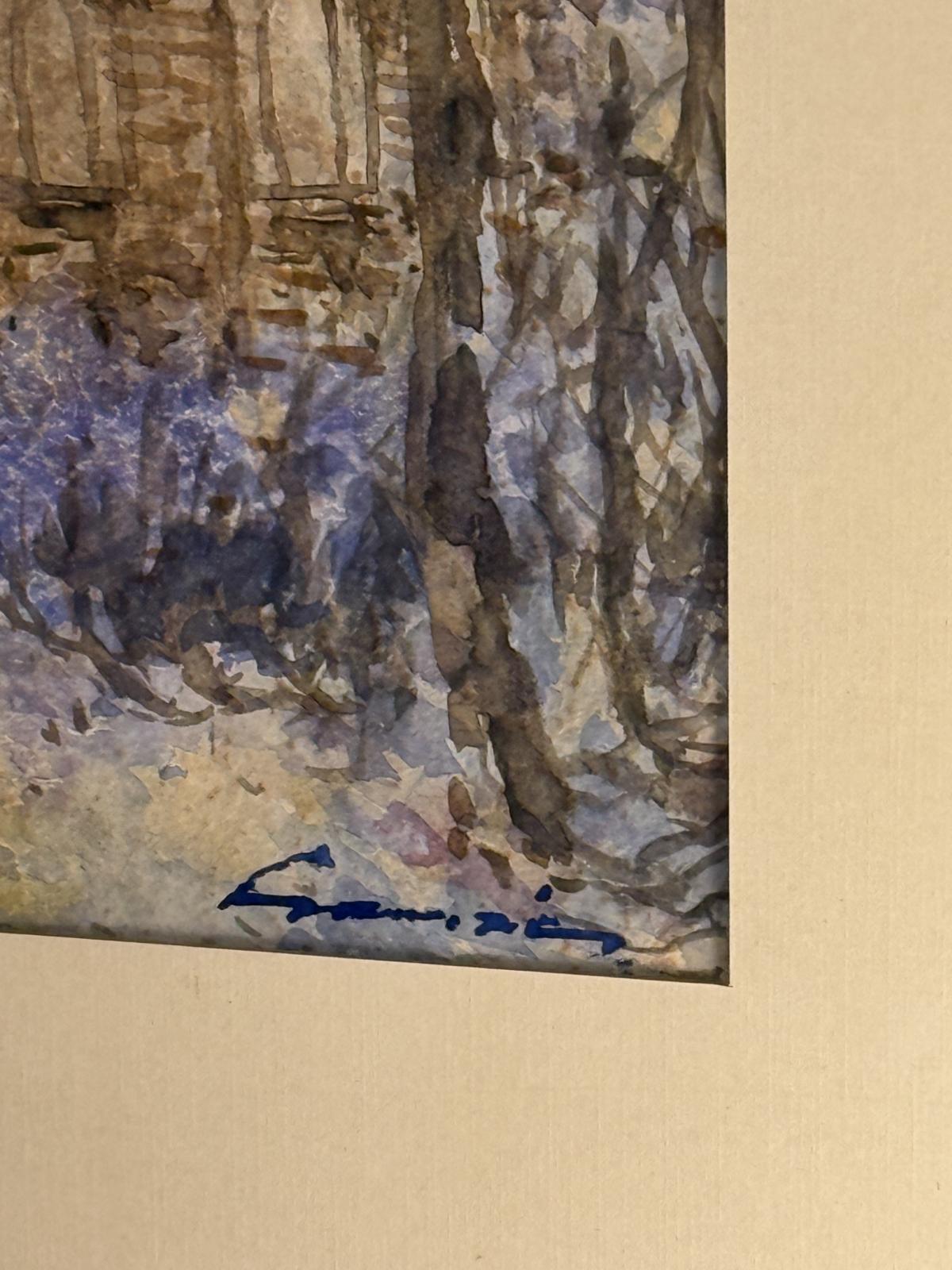 Acuarelă veche pe hârtie, scenă cu biserică și personaje, înrămată, patină autentică și dimensiuni 72 x 61 cm. sertar magic București