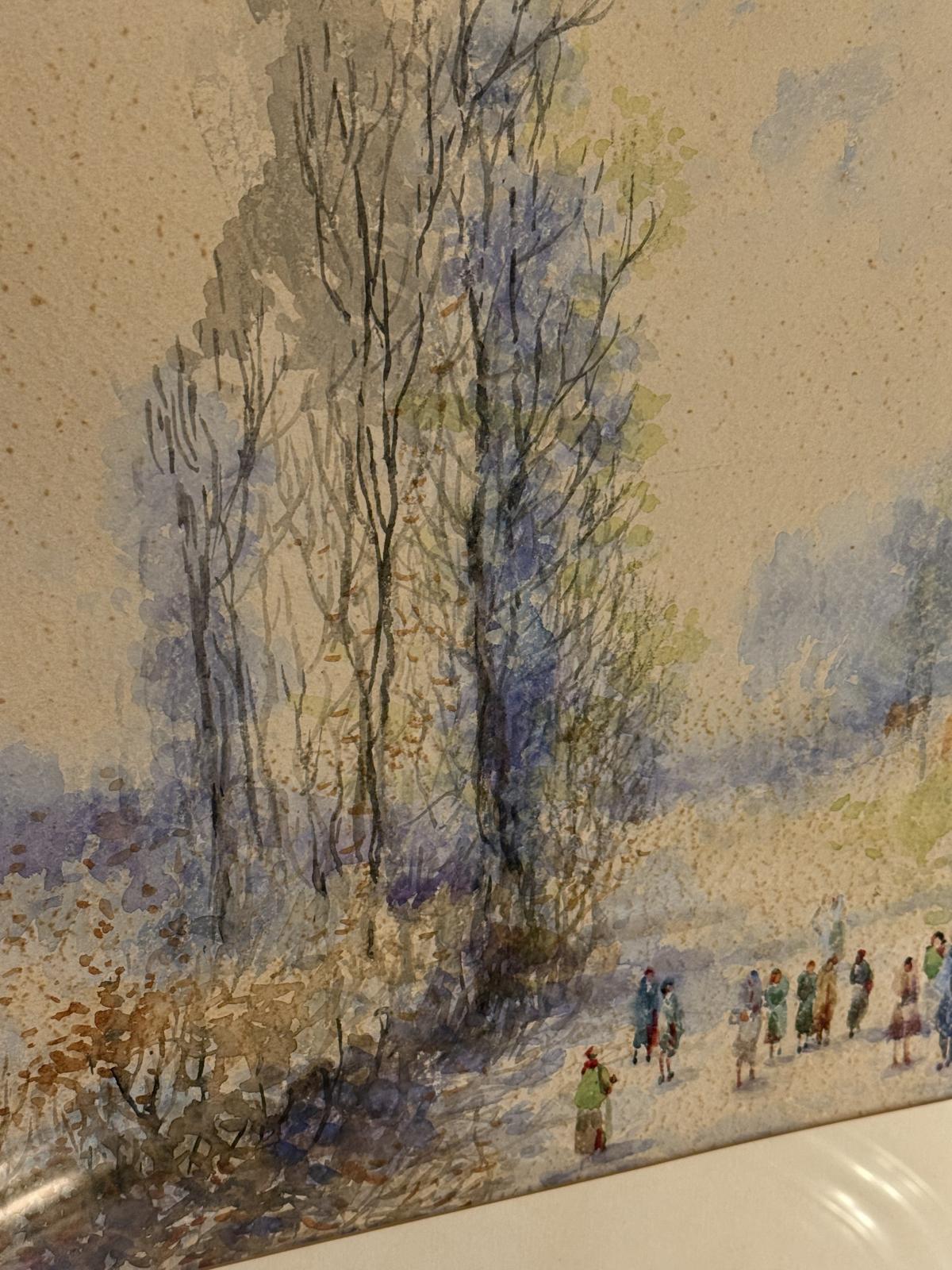 Acuarelă veche pe hârtie, scenă cu biserică și personaje, înrămată, patină autentică și dimensiuni 72 x 61 cm. sertar magic București