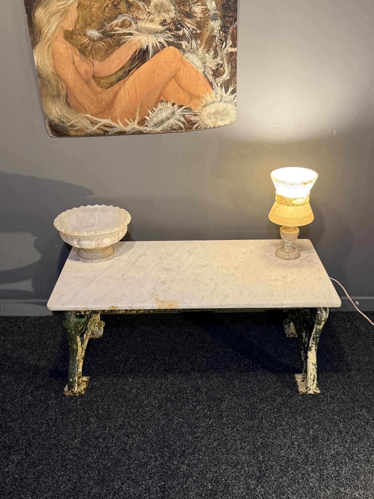 Masă tip banc cu blat din marmură și picioare din fontă, 100 cm, piesă rustică și solidă pentru interior sau grădină. sertar magic București