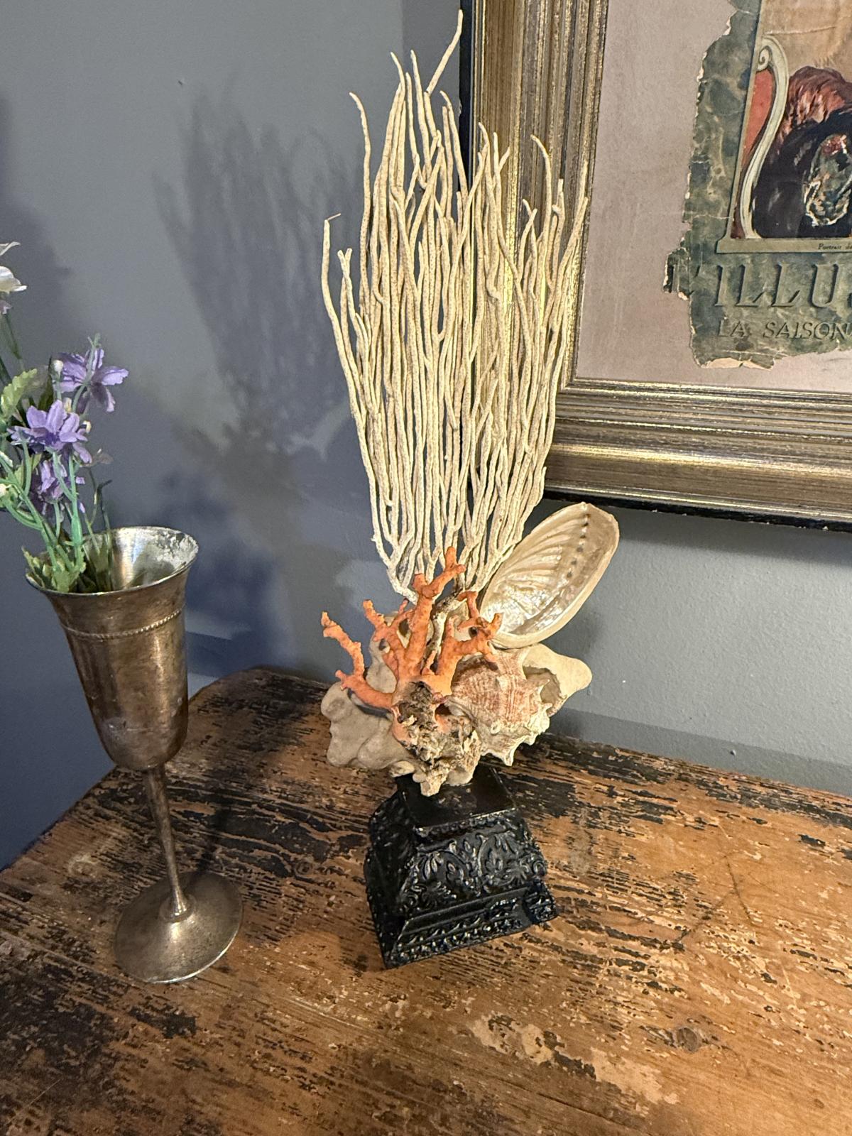 Compoziție decorativă unicat cu coral și scoici, realizată manual pe soclu vechi recondiționat. Piesă cu caracter. sertar magic București