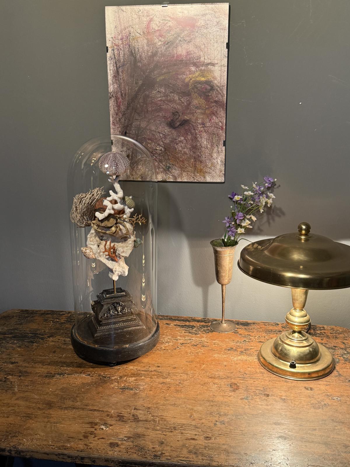 Glob decorativ inspirat de cabinetele de curiozități, cu elemente marine naturale sub glob de sticlă vechi – sertar magic București