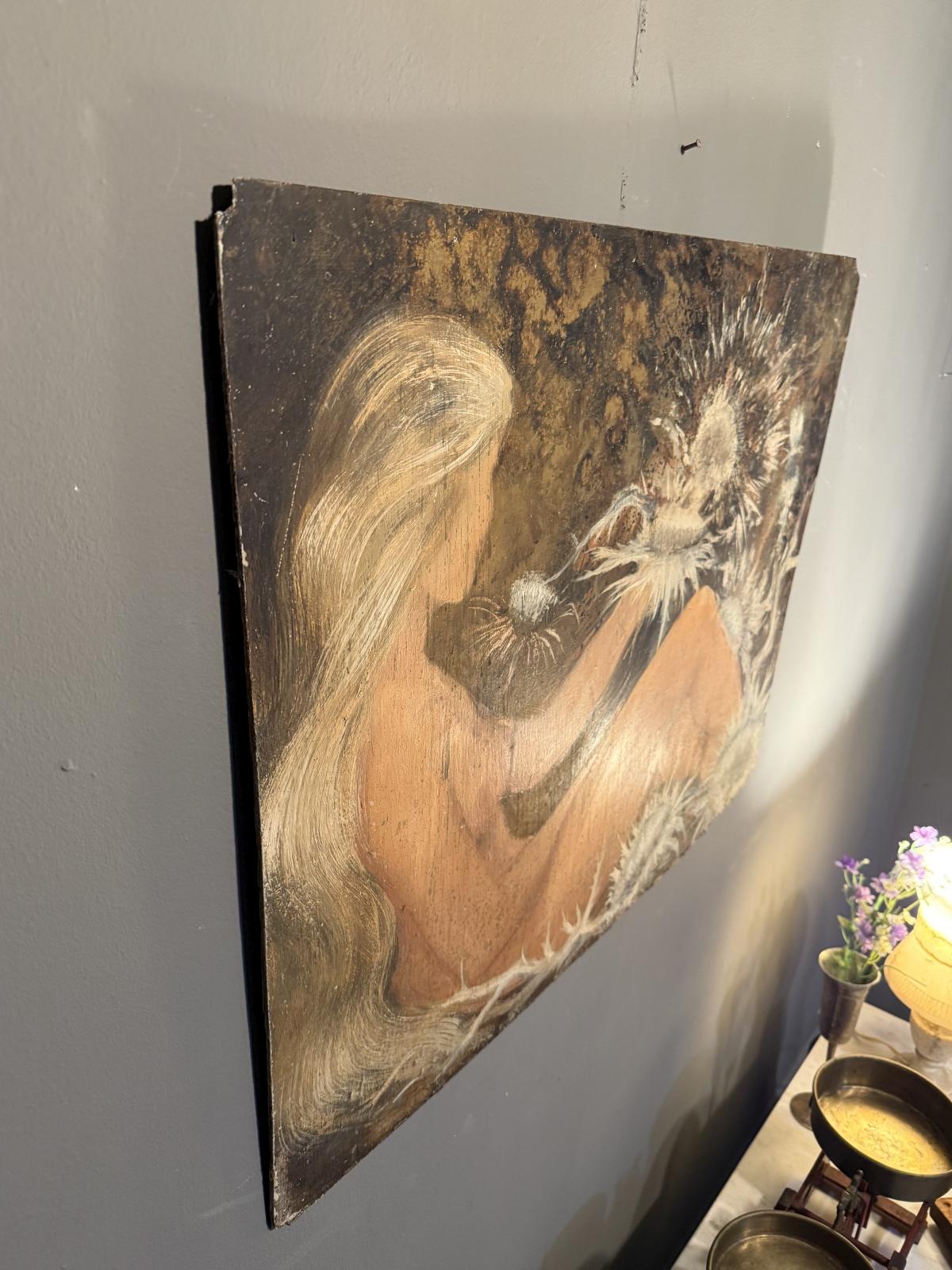 Pictură decorativă pe lemn, nud feminin în stil expresiv, 60 x 75 cm, piesă cu impact vizual. sertar magic București