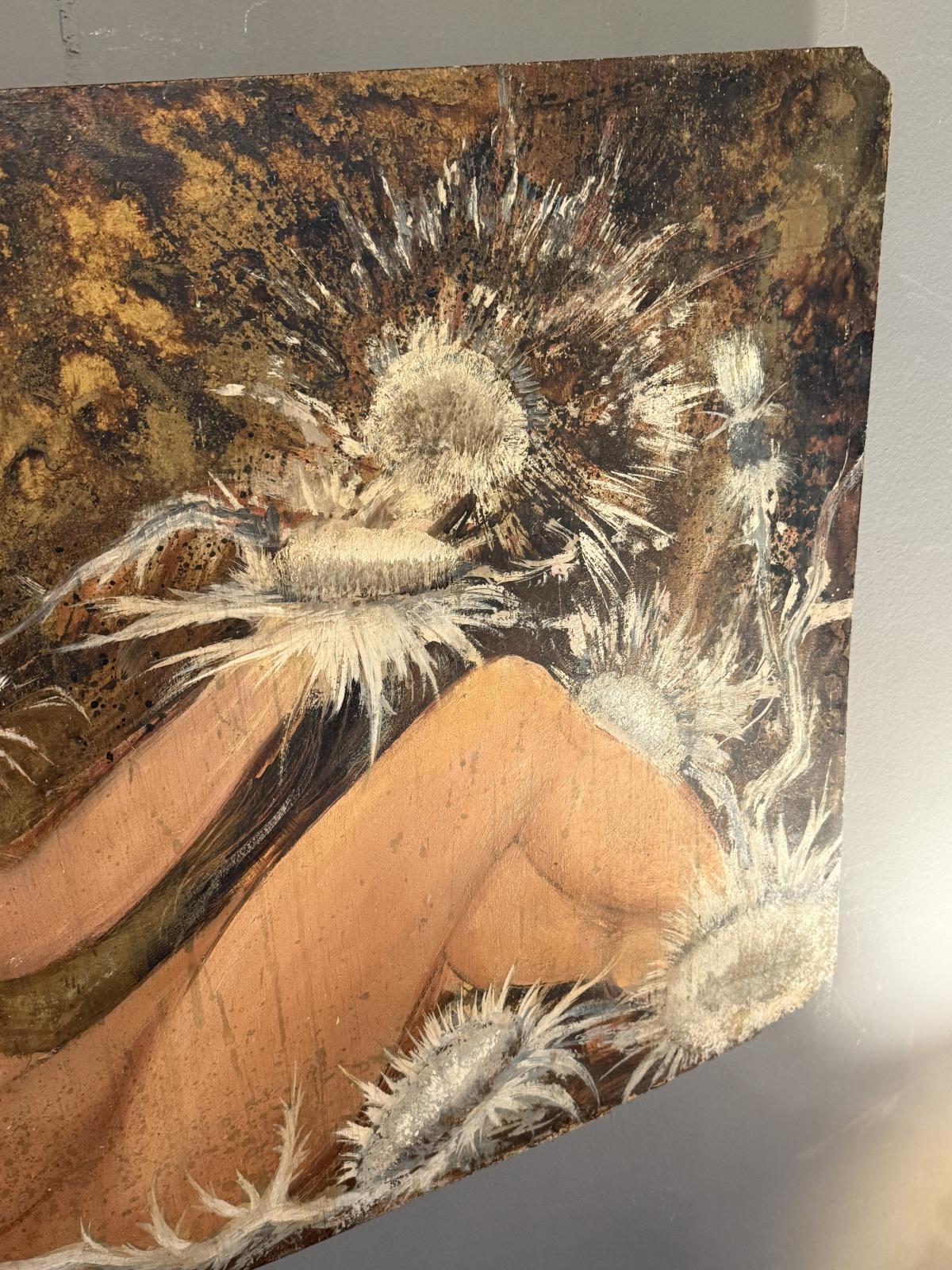 Pictură decorativă pe lemn, nud feminin în stil expresiv, 60 x 75 cm, piesă cu impact vizual. sertar magic București