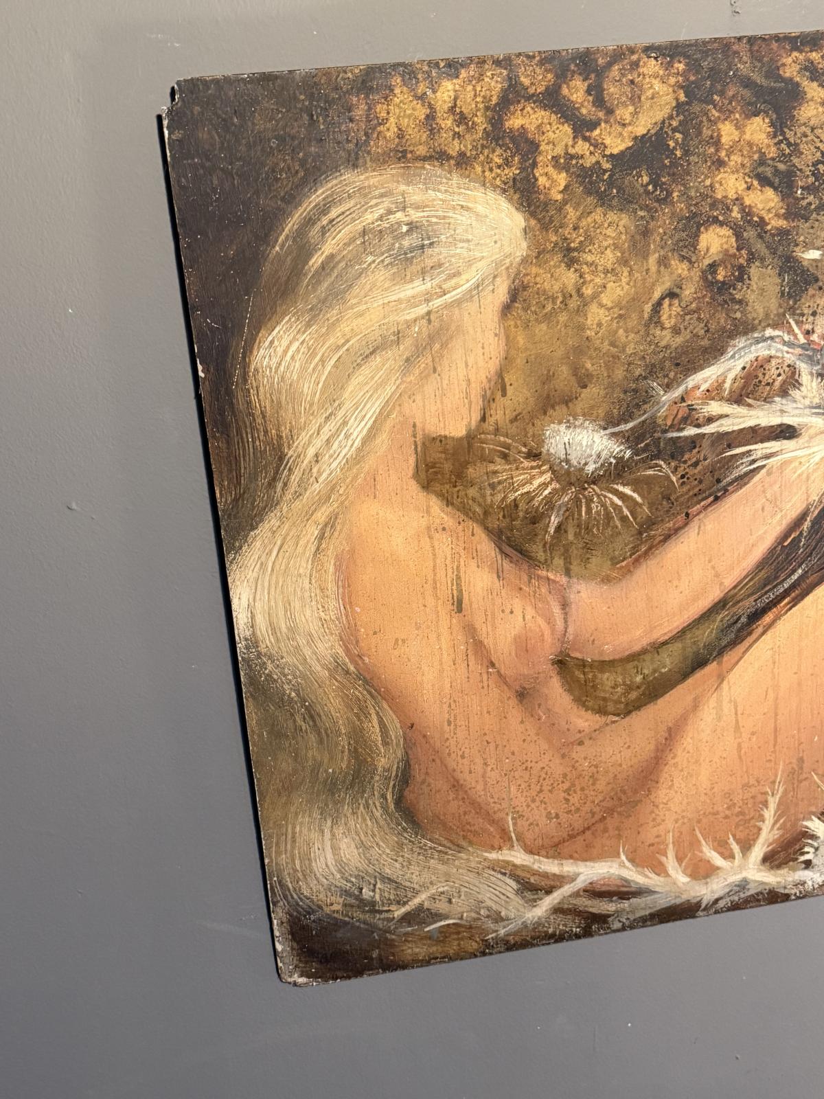 Pictură decorativă pe lemn, nud feminin în stil expresiv, 60 x 75 cm, piesă cu impact vizual. sertar magic București