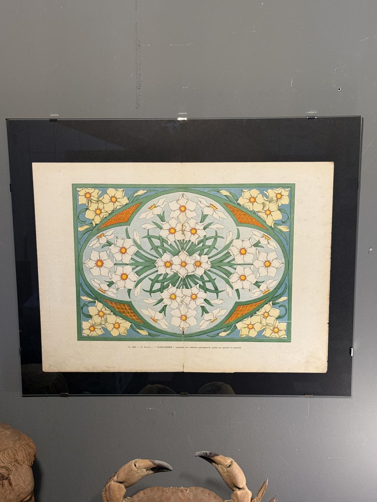 Planșă Art Nouveau „Narcise” din revistă franceză (1910–1920), înrămată minimalist, 50 x 60 cm. sertar magic București