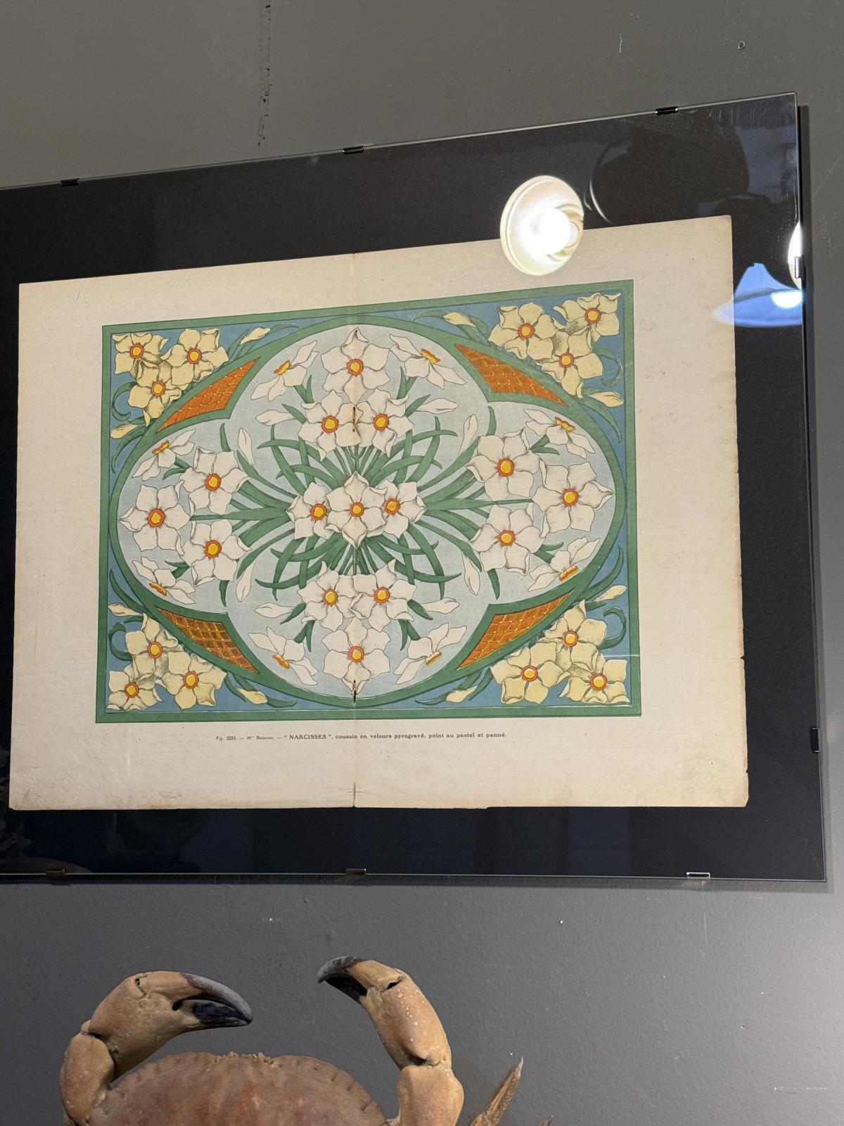 Planșă Art Nouveau „Narcise” din revistă franceză (1910–1920), înrămată minimalist, 50 x 60 cm. sertar magic București