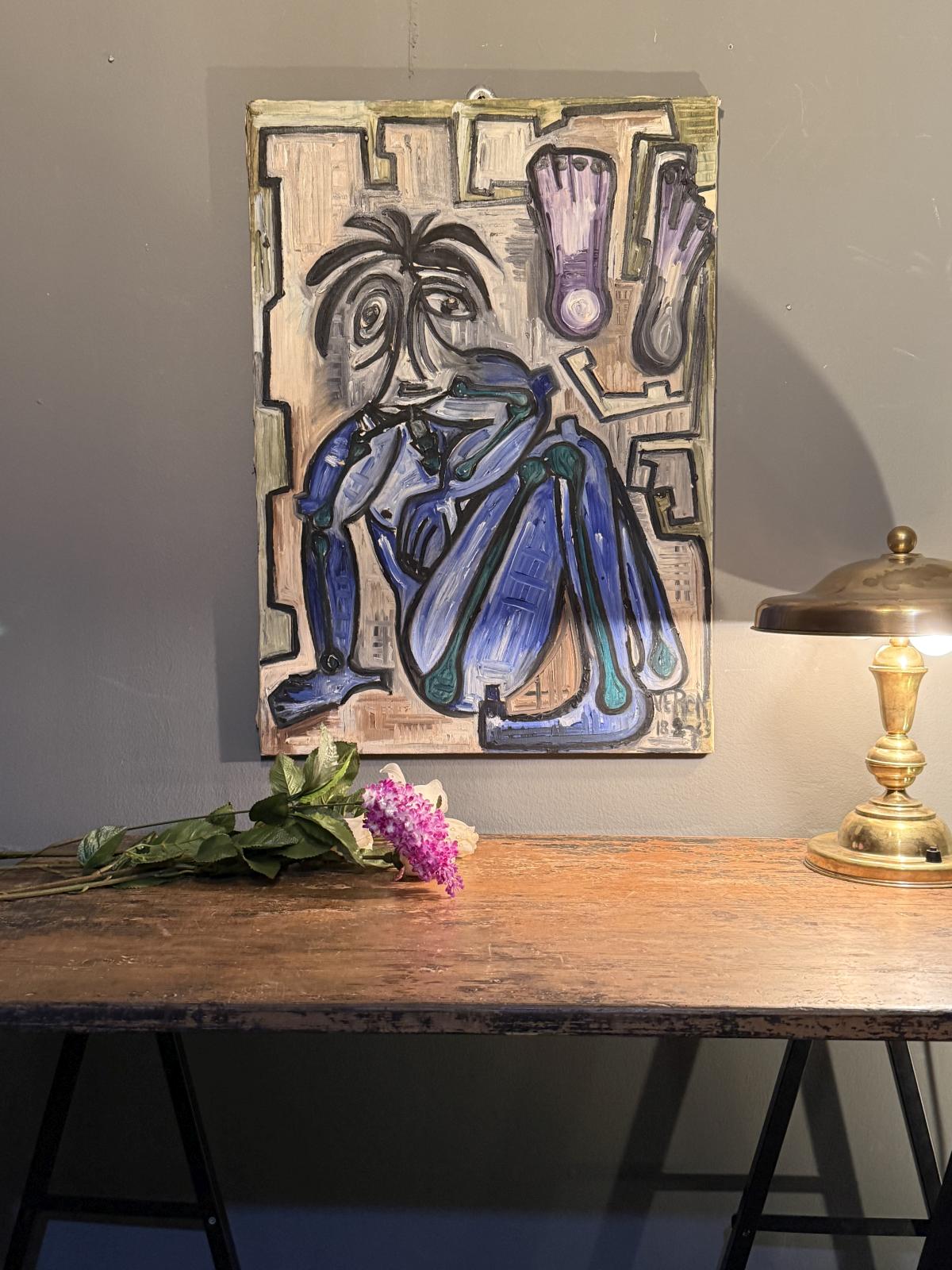 Tablou expresionist semnat, tehnică mixtă, datat 1985. Lucrare decorativă cu relief și compoziție modernă. sertar magic București