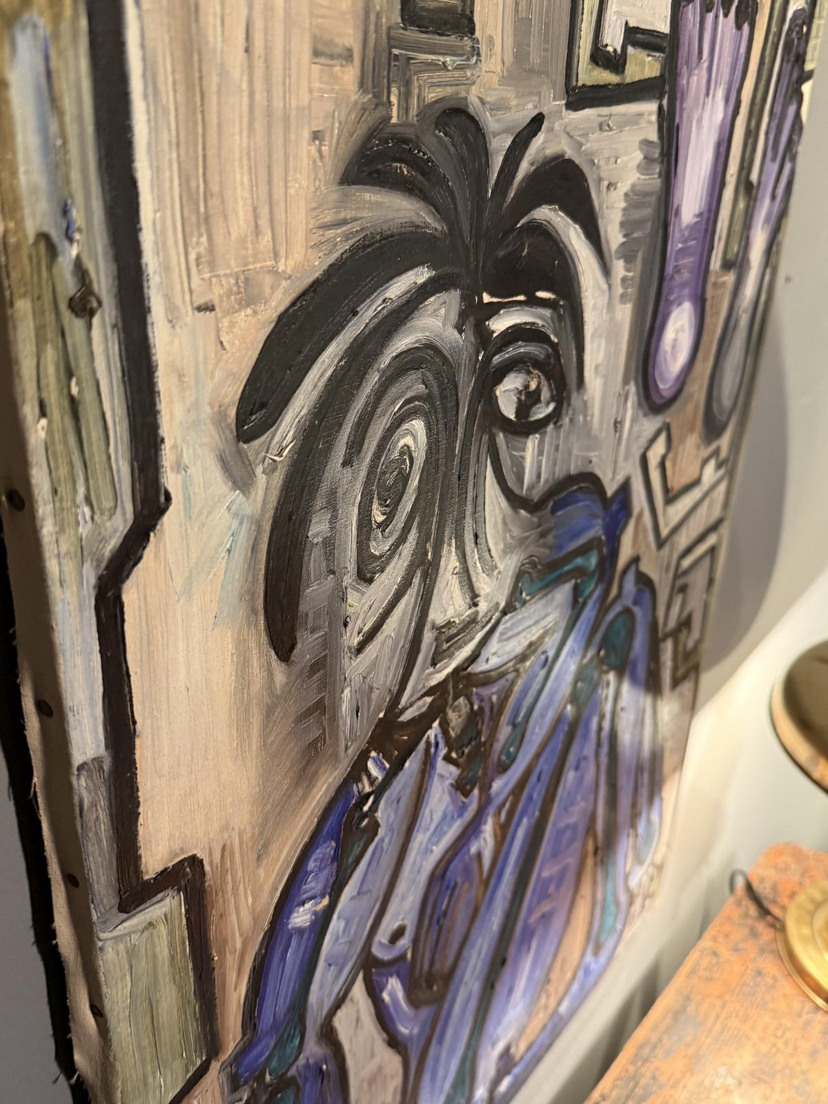 Tablou expresionist semnat, tehnică mixtă, datat 1985. Lucrare decorativă cu relief și compoziție modernă. sertar magic București