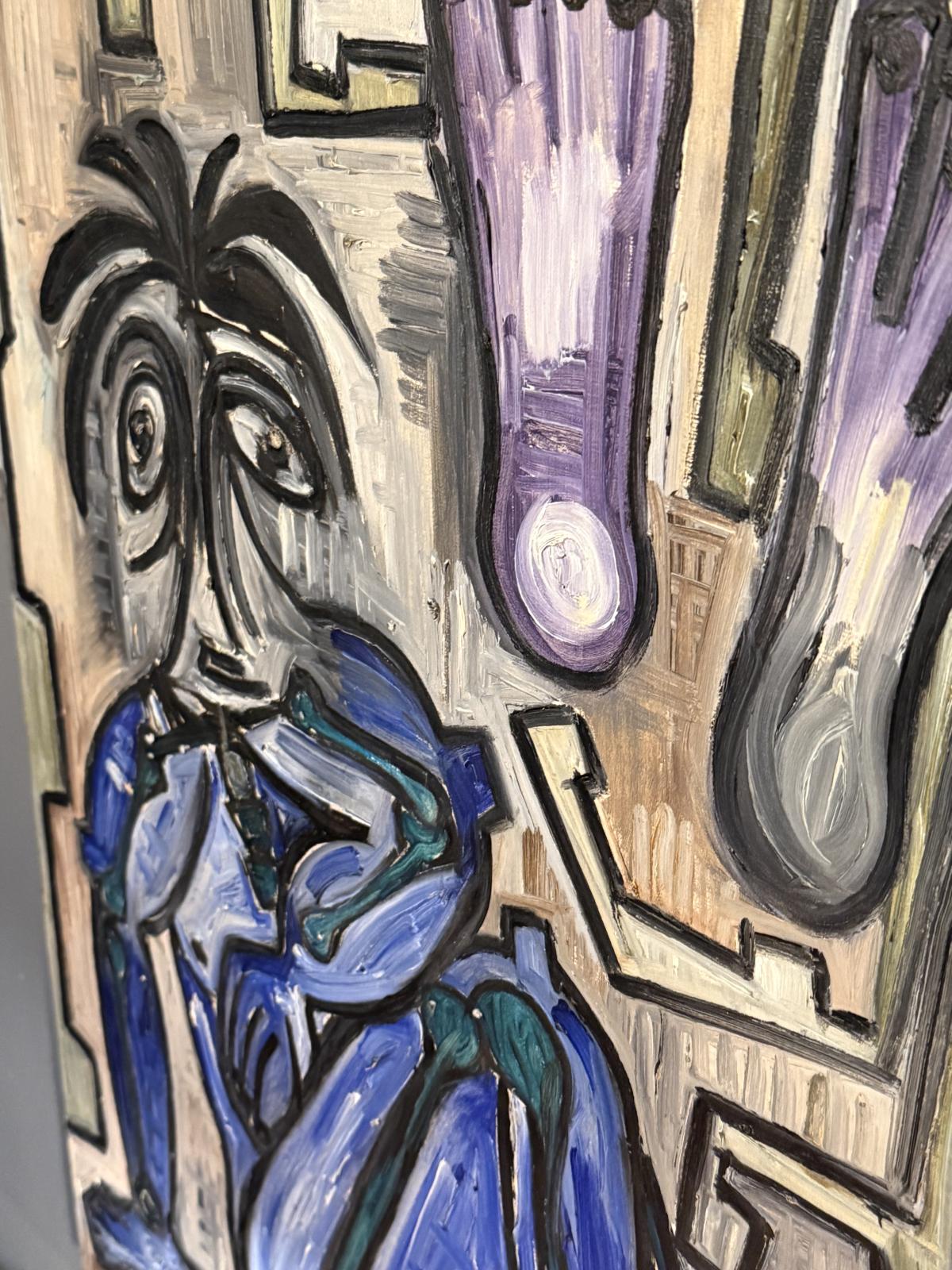 Tablou expresionist semnat, tehnică mixtă, datat 1985. Lucrare decorativă cu relief și compoziție modernă. sertar magic București