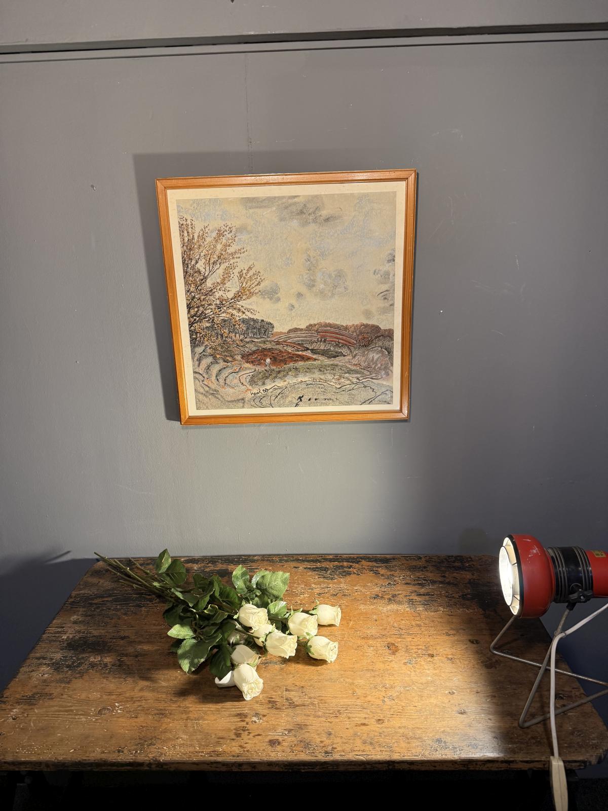 Tablou peisaj realizat în pastel, semnat și datat 1988, format pătrat cu compoziție expresivă. sertar magic București