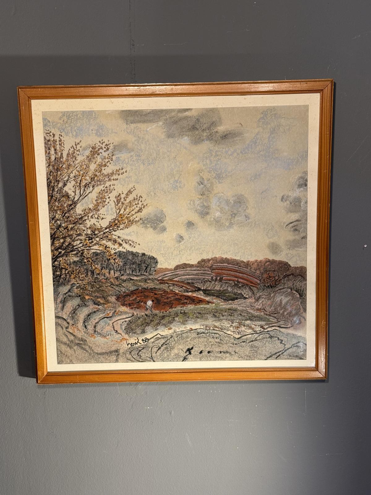 Tablou peisaj realizat în pastel, semnat și datat 1988, format pătrat cu compoziție expresivă. sertar magic București