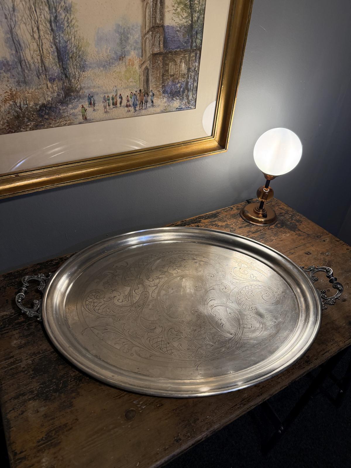 Tavă mare WMF din metal argintat, cu decor gravat și mânere ornamentate, 75 x 51 cm, piesă decorativă vintage. sertar magic București
