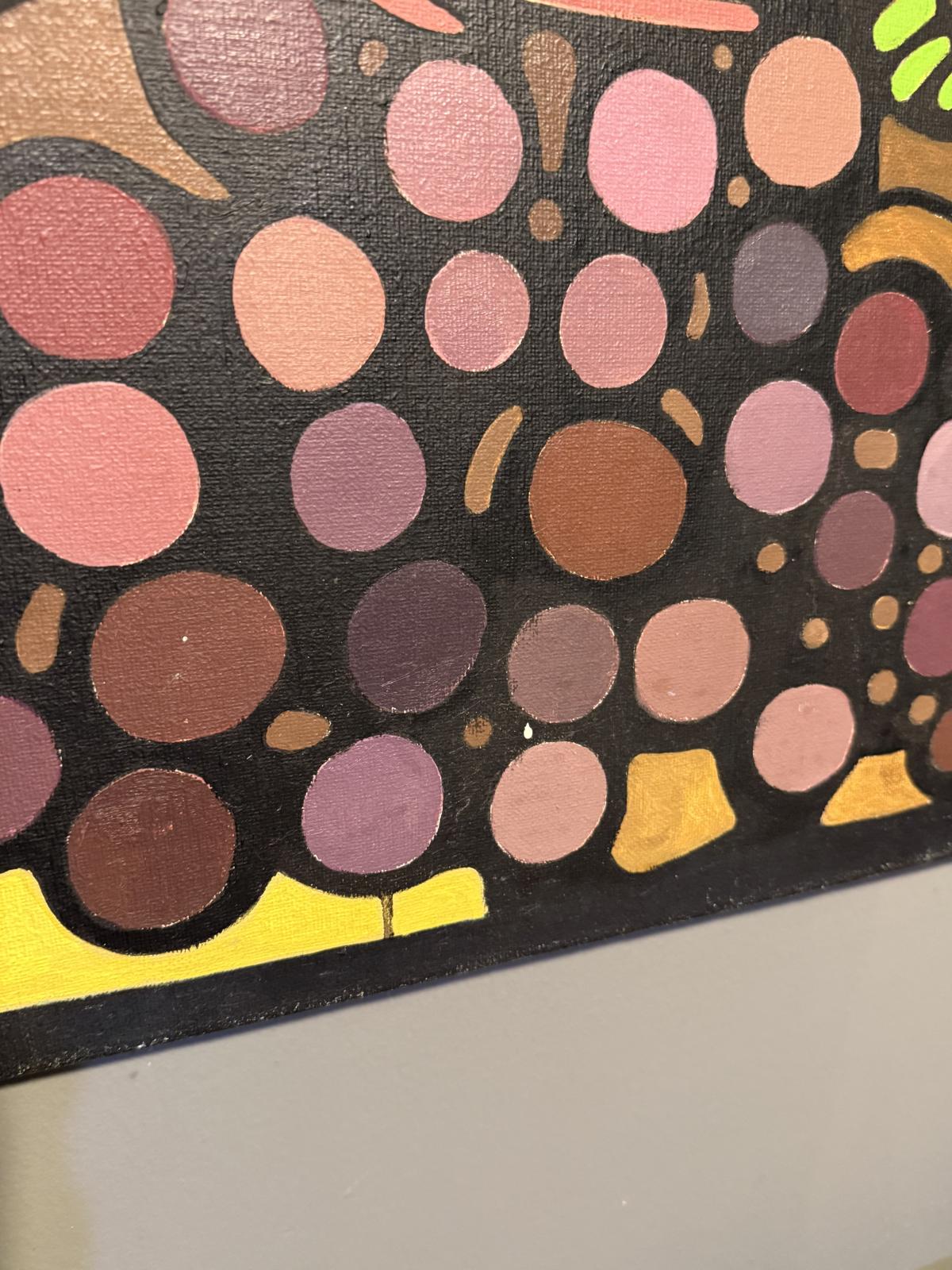 Tablou vintage pe pânză cu pește stilizat și motive decorative colorate, adus din Belgia