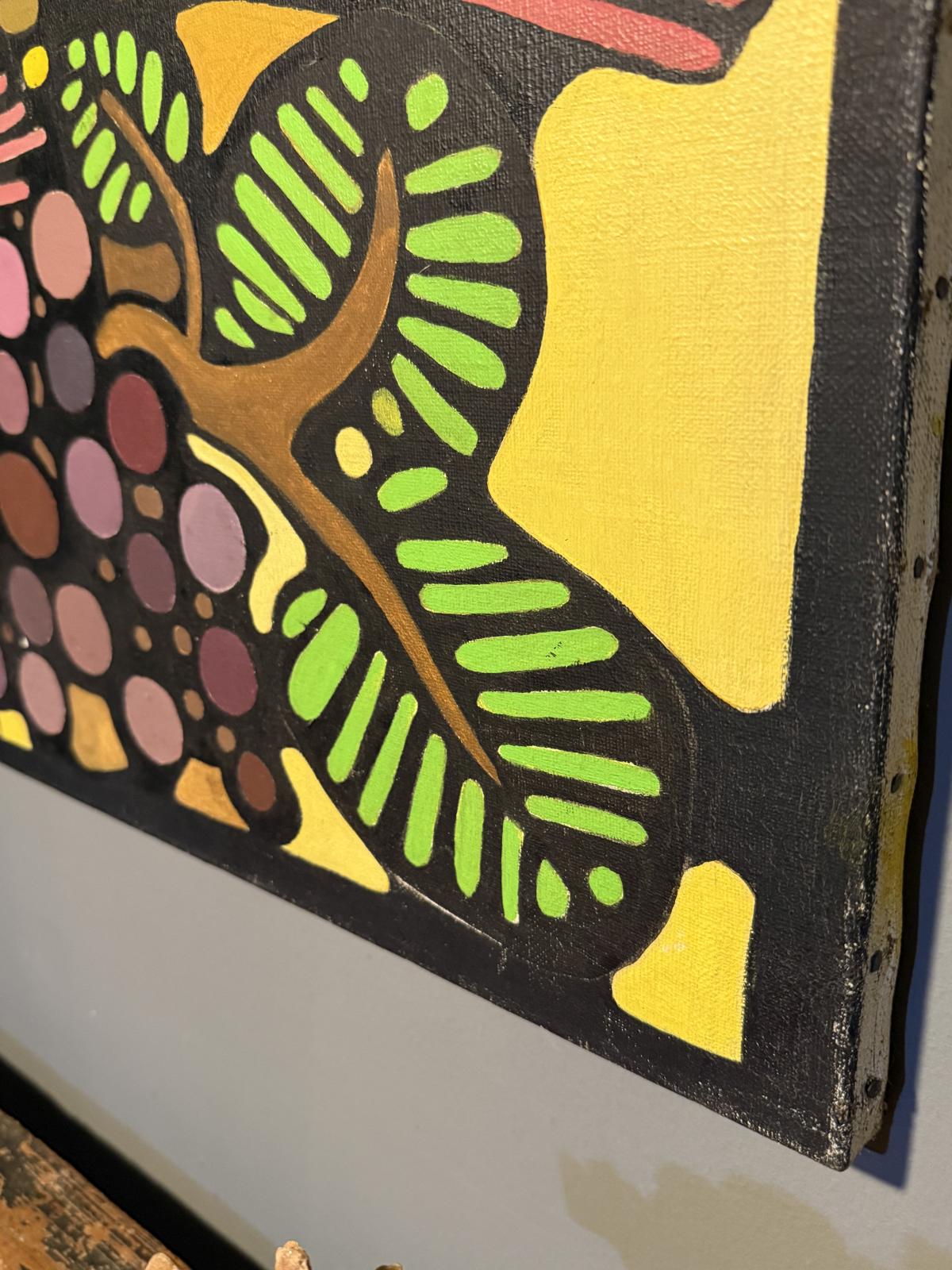 Tablou vintage pe pânză cu pește stilizat și motive decorative colorate, adus din Belgia