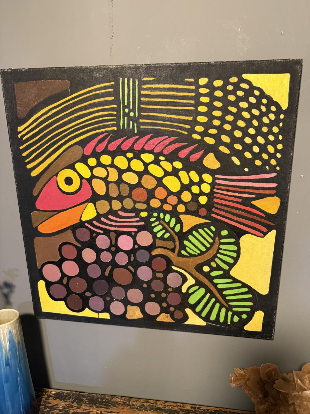 Tablou vintage pe pânză cu pește stilizat și motive decorative colorate, adus din Belgia