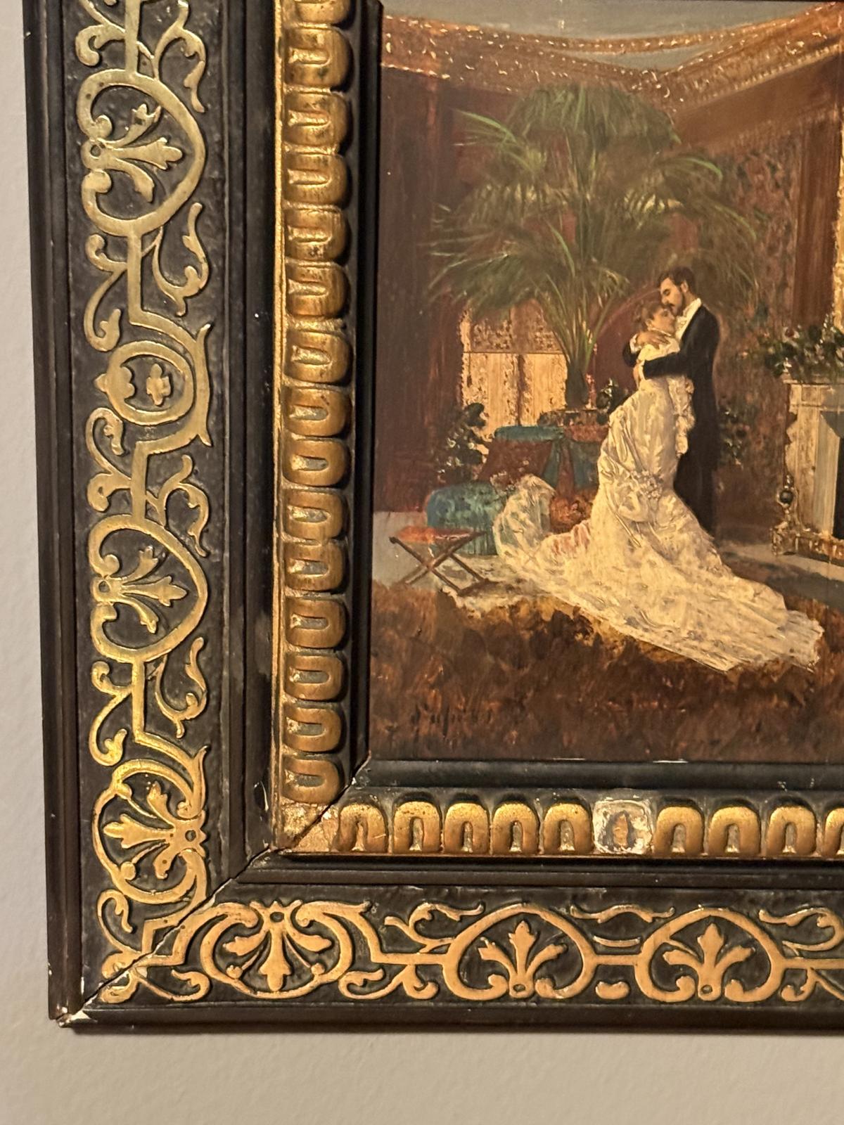 Tablou decorativ după „Finally Alone” de Edoardo Tofano, în ramă originală din lemn ebonizat cu decorațiuni aurii. Disponibil la Sertar Magic București.