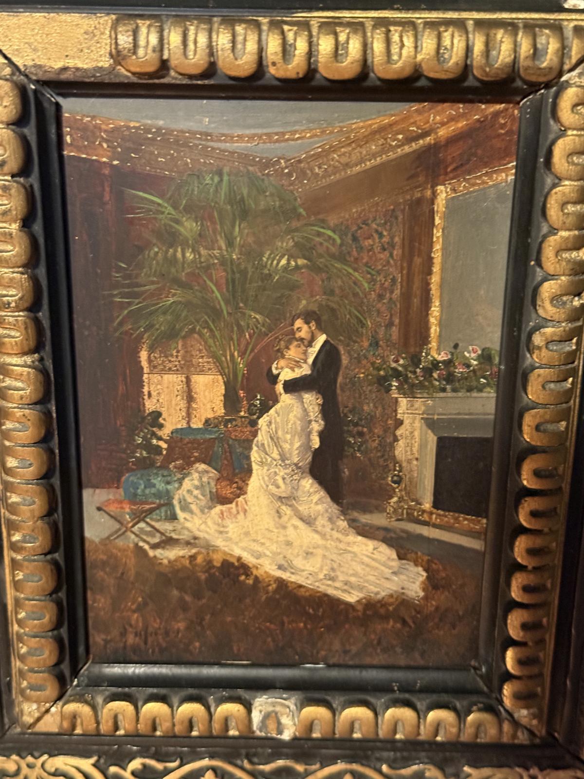 Tablou decorativ după „Finally Alone” de Edoardo Tofano, în ramă originală din lemn ebonizat cu decorațiuni aurii. Disponibil la Sertar Magic București.