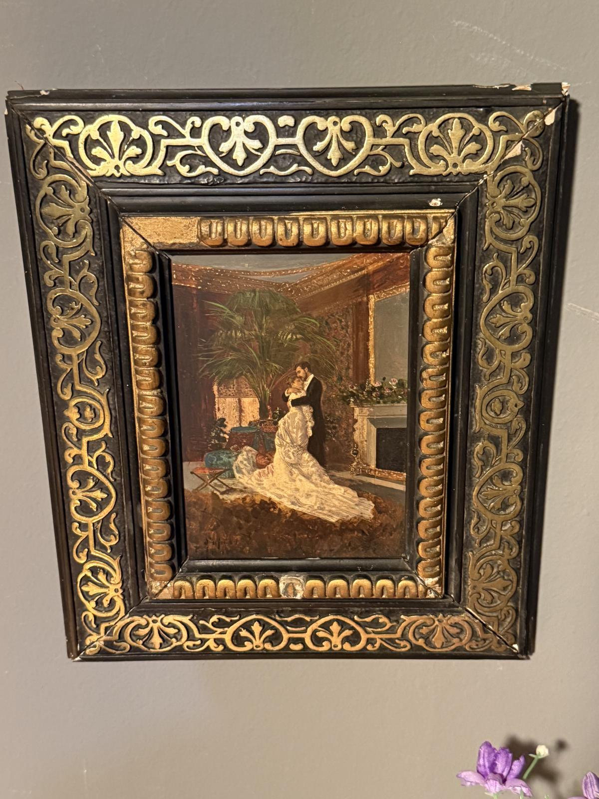 Tablou decorativ după „Finally Alone” de Edoardo Tofano, în ramă originală din lemn ebonizat cu decorațiuni aurii. Disponibil la Sertar Magic București.