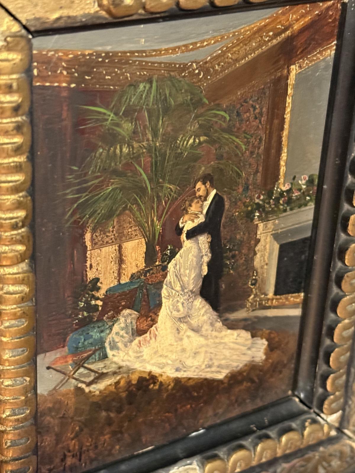 Tablou decorativ după „Finally Alone” de Edoardo Tofano, în ramă originală din lemn ebonizat cu decorațiuni aurii. Disponibil la Sertar Magic București.
